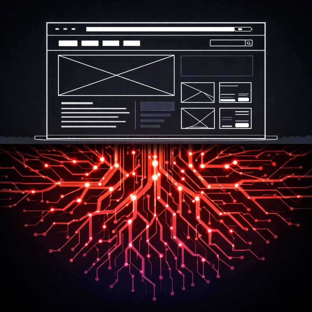 Digital website blueprint with interconnected roots representing a solid SEO foundation for business growth.