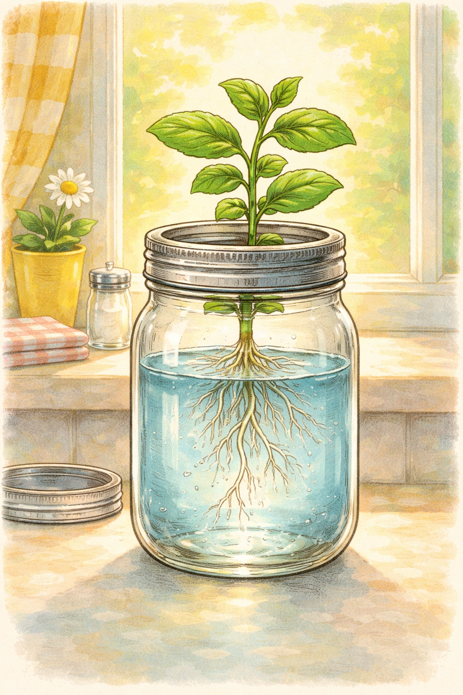 Cross-section of a mason jar with a leafy plant showing roots in water, illustrating the Kratky Method for hydroponics.