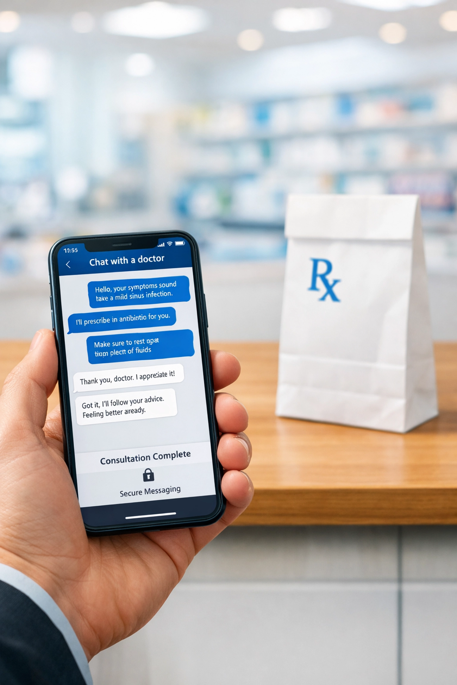 Getting an online sinus infection prescription via secure medical chat for fast pharmacy pickup.