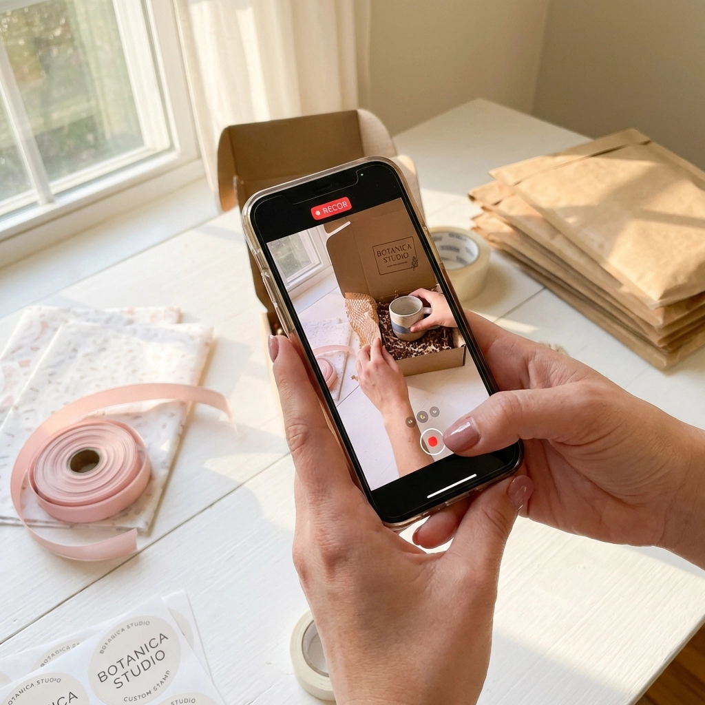 Hands recording a behind-the-scenes video of product packaging for social media