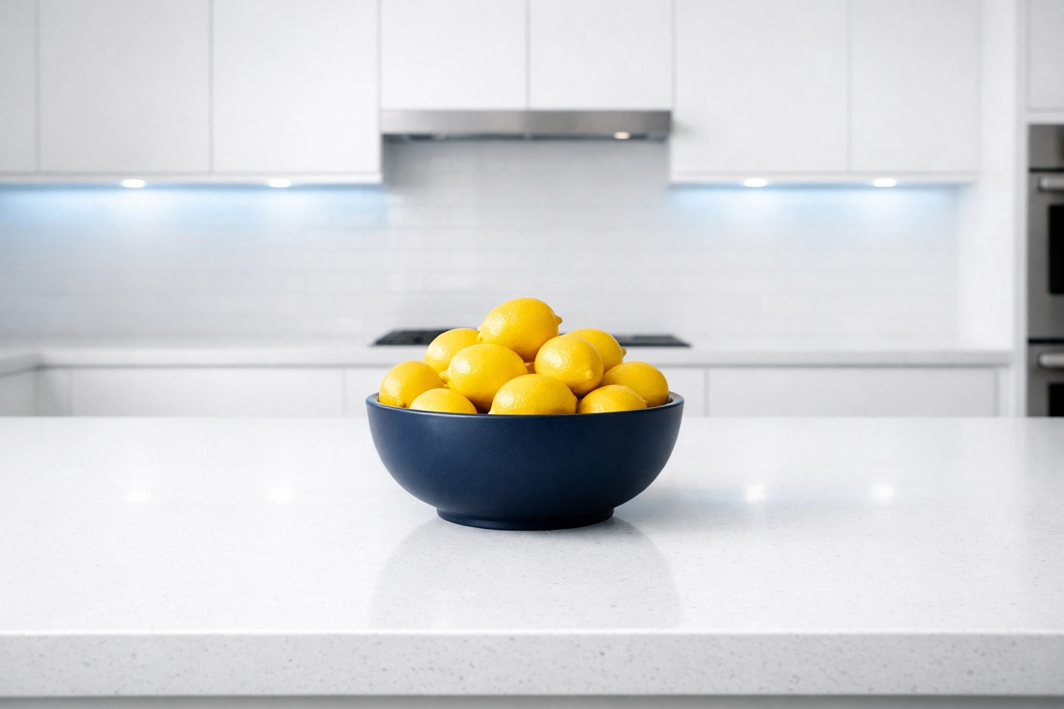 Minimalist kitchen island with white quartz countertop illustrating how weekly house cleaning supports calm focus and flow.