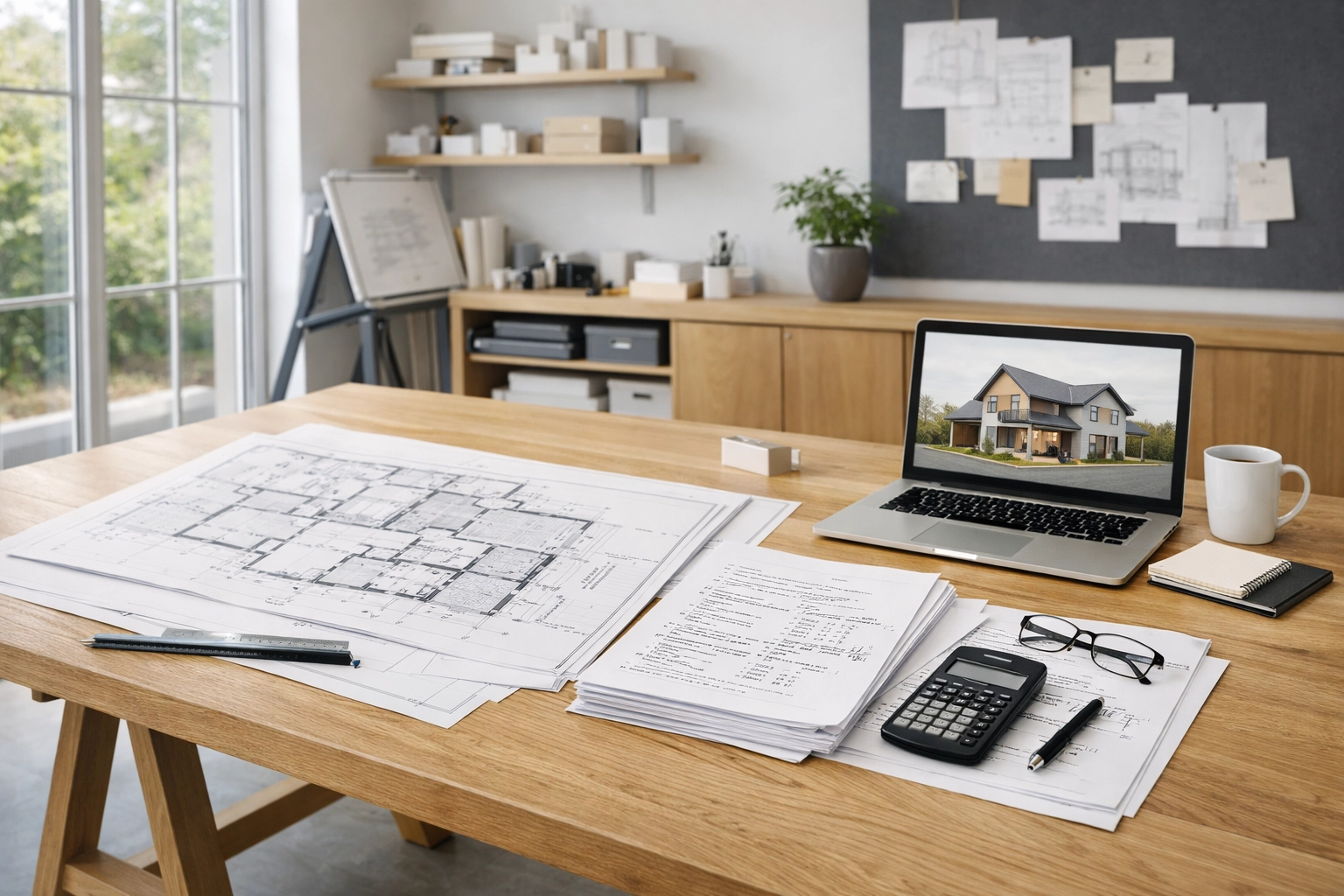 Modern architectural studio in Surrey showing floor plans and structural engineering calculations for a renovation.