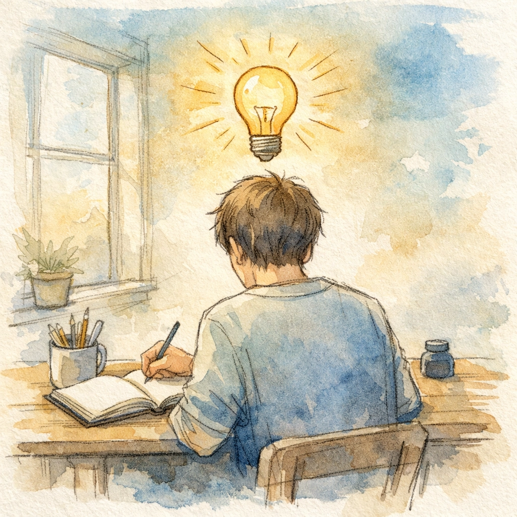 Songwriter at desk with journal experiencing creative inspiration and divine guidance