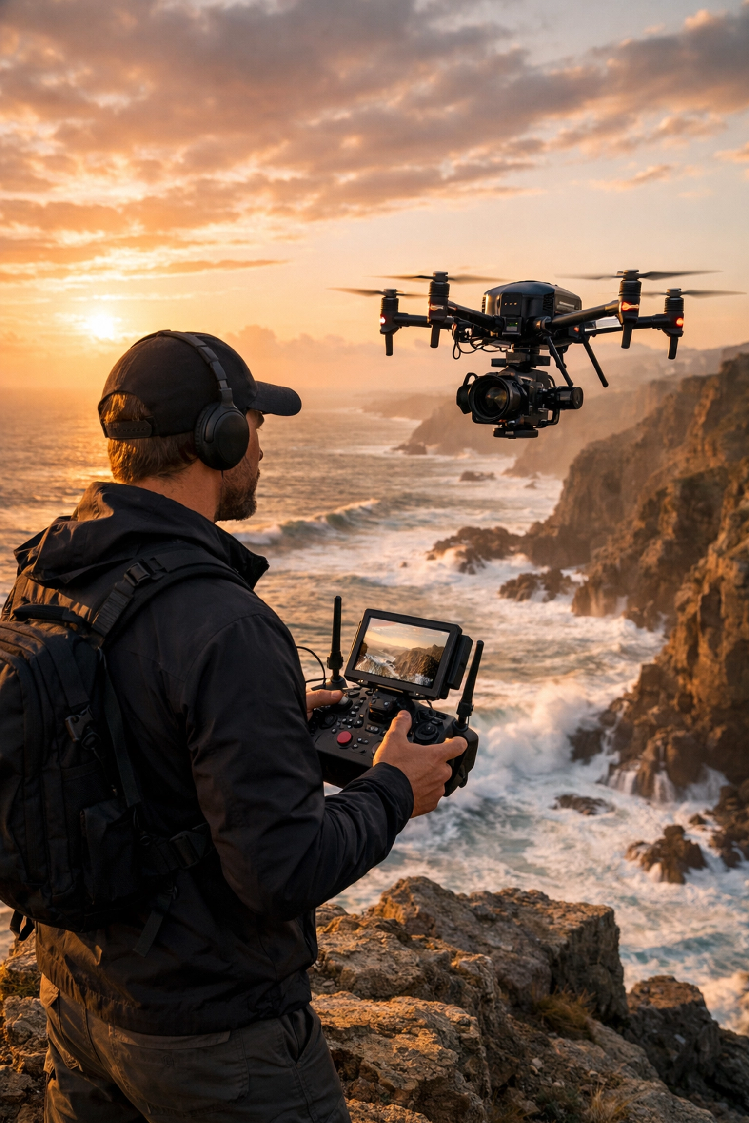 Specialized drone photographer on a cliffside capturing premium aerial shots for a high-end photography portfolio.
