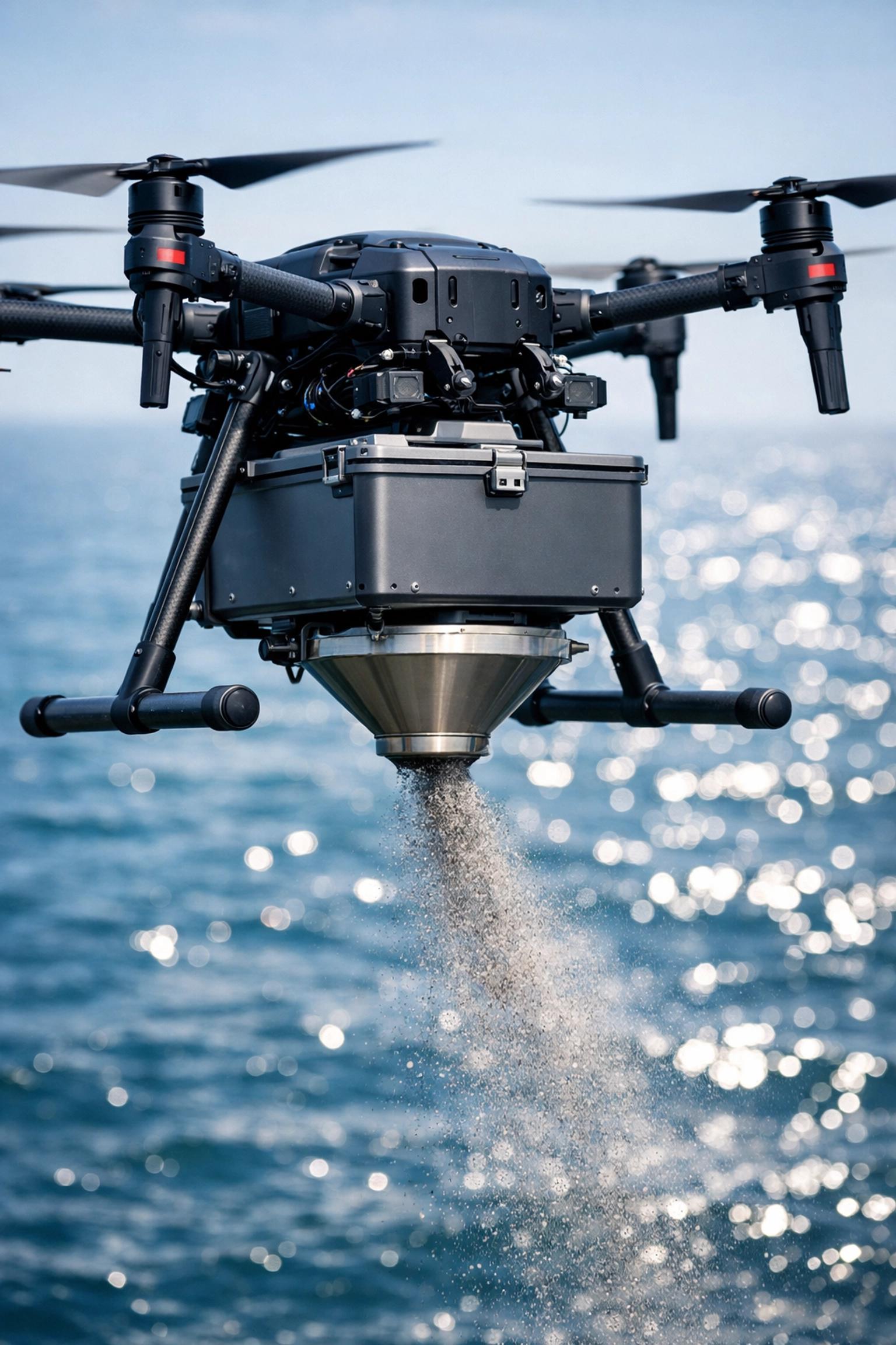 Professional drone ash scattering equipment flying over Atlantic Ocean near New Jersey