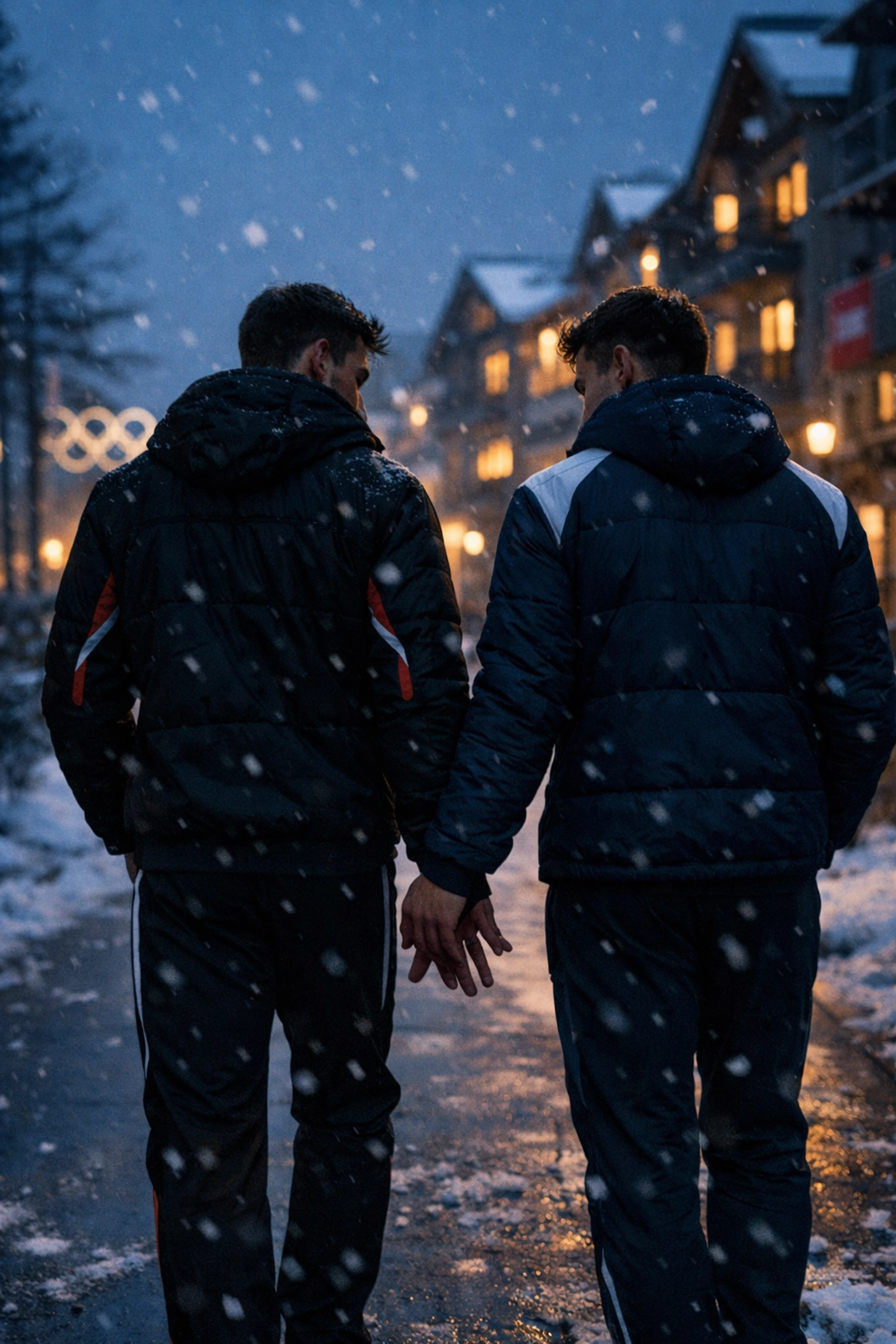 Two gay athletes walking side by side on snowy Olympic Village path, forbidden romance