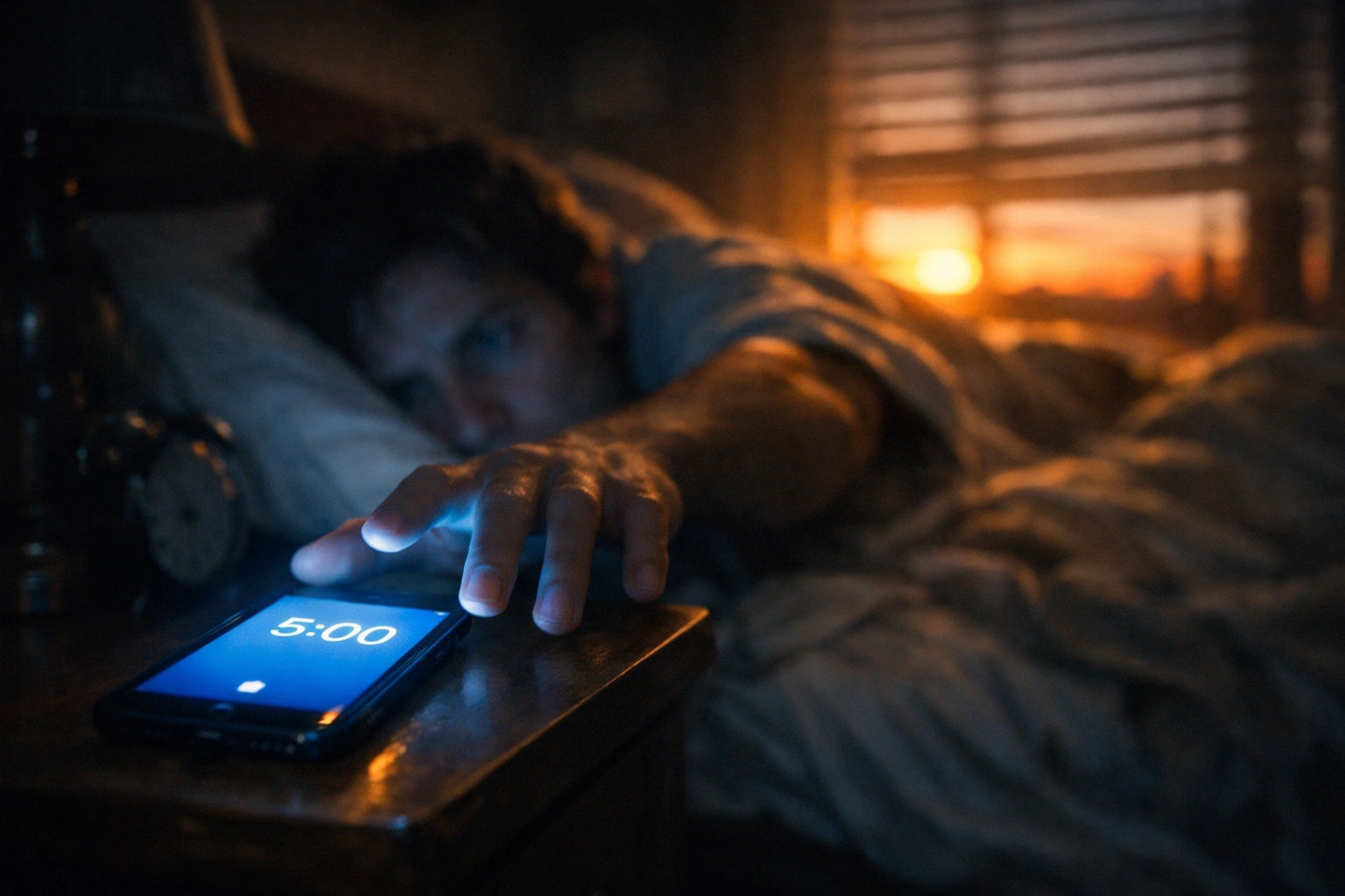 Anxious person checking morning news on a phone in bed while a peaceful sunrise begins outside.