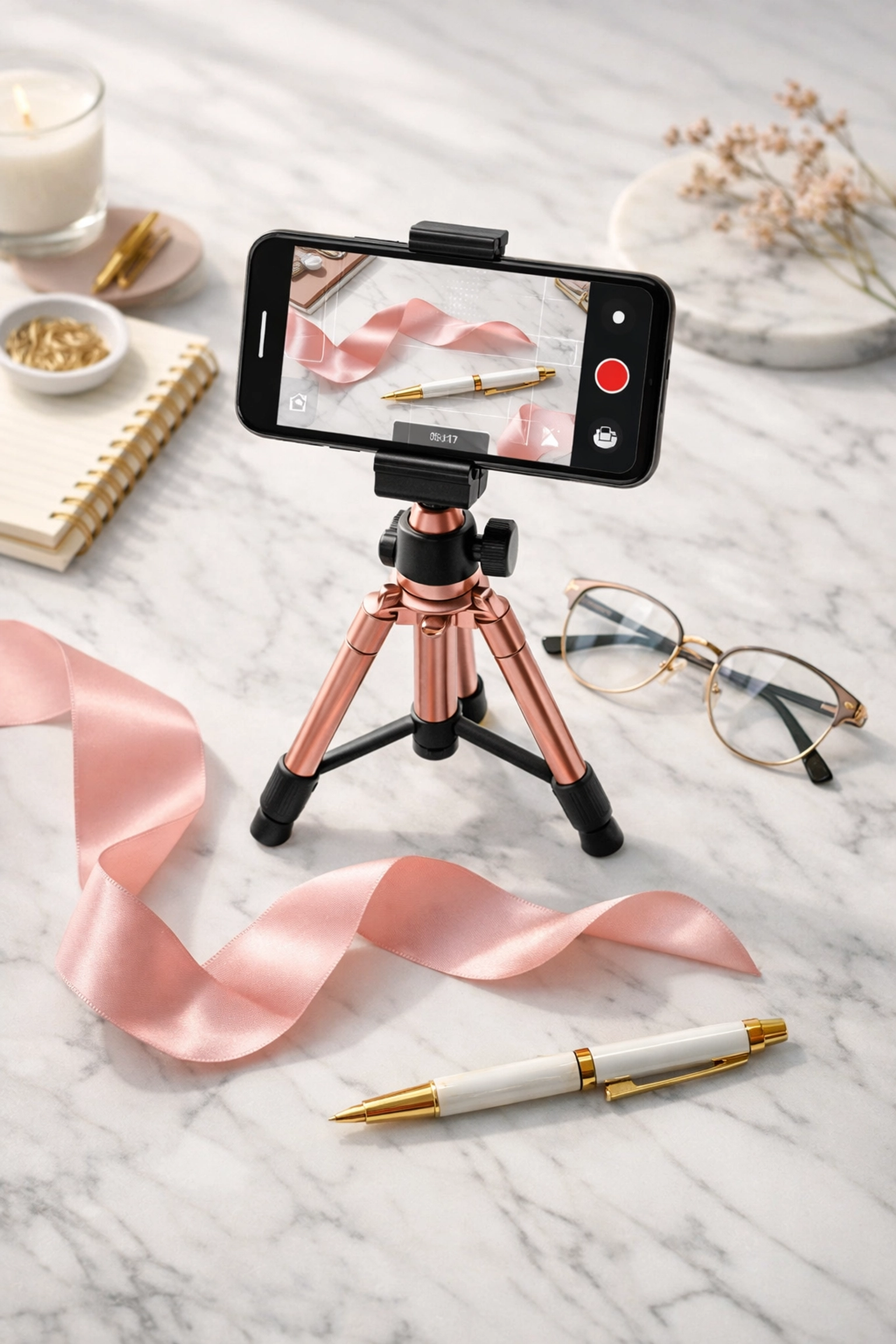 Professional social media content strategy showing a high-quality smartphone video setup on a desk.