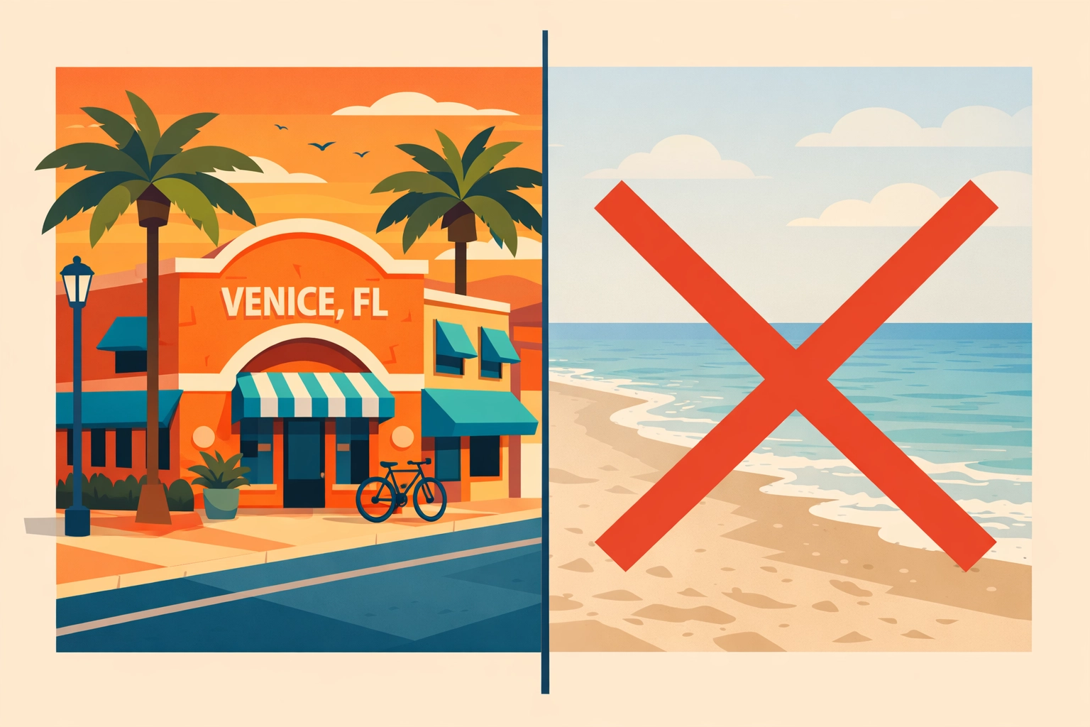 Comparison of authentic Venice Florida storefront photography versus generic stock beach photo