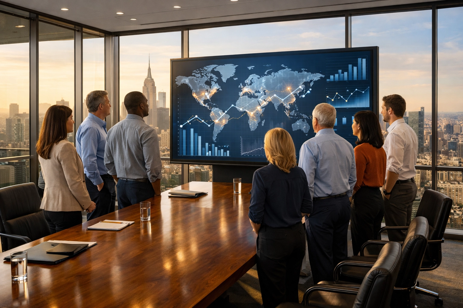 Dakdan consulting team reviewing global innovation strategies and market trends in a high-rise boardroom.