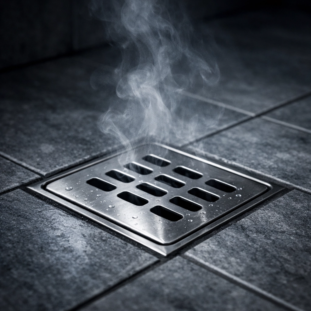 Modern floor drain with rising mist representing foul sewage odors from a failing septic system.