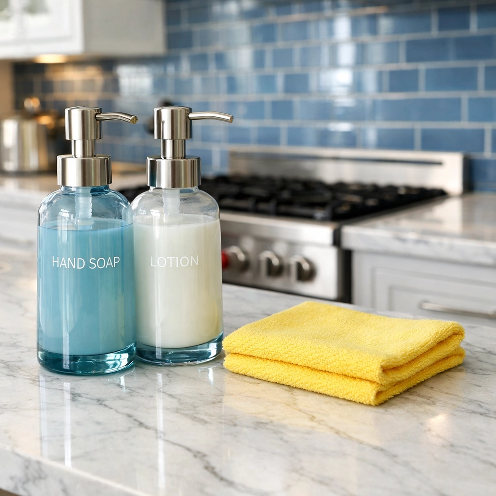 Luxury deep cleaning in Cambridge MA on sparkling marble kitchen countertops using eco-friendly cleaning tools.