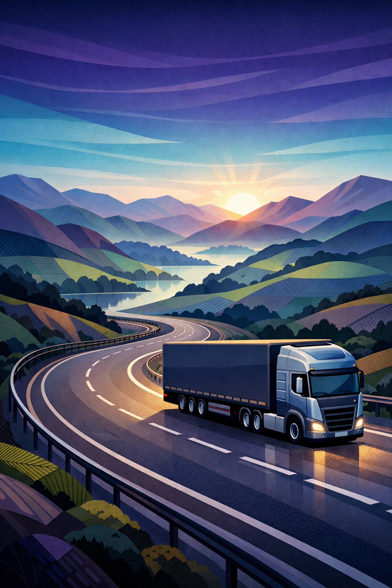 Illustration of an HGV truck driving on the M6 motorway towards the Lake District at sunrise.