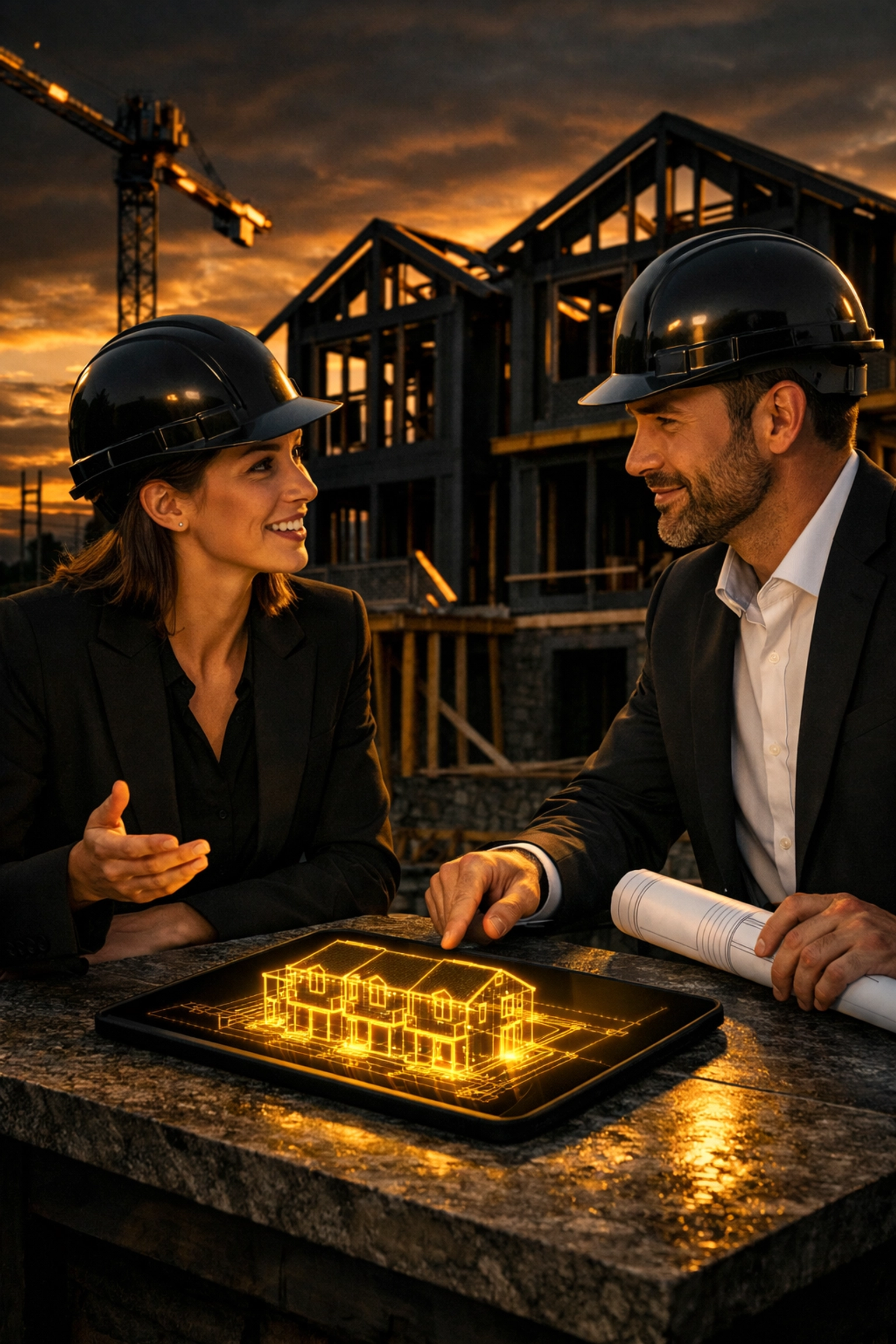 Real estate developer and architect reviewing a digital blueprint for new townhomes in a high-density zone.