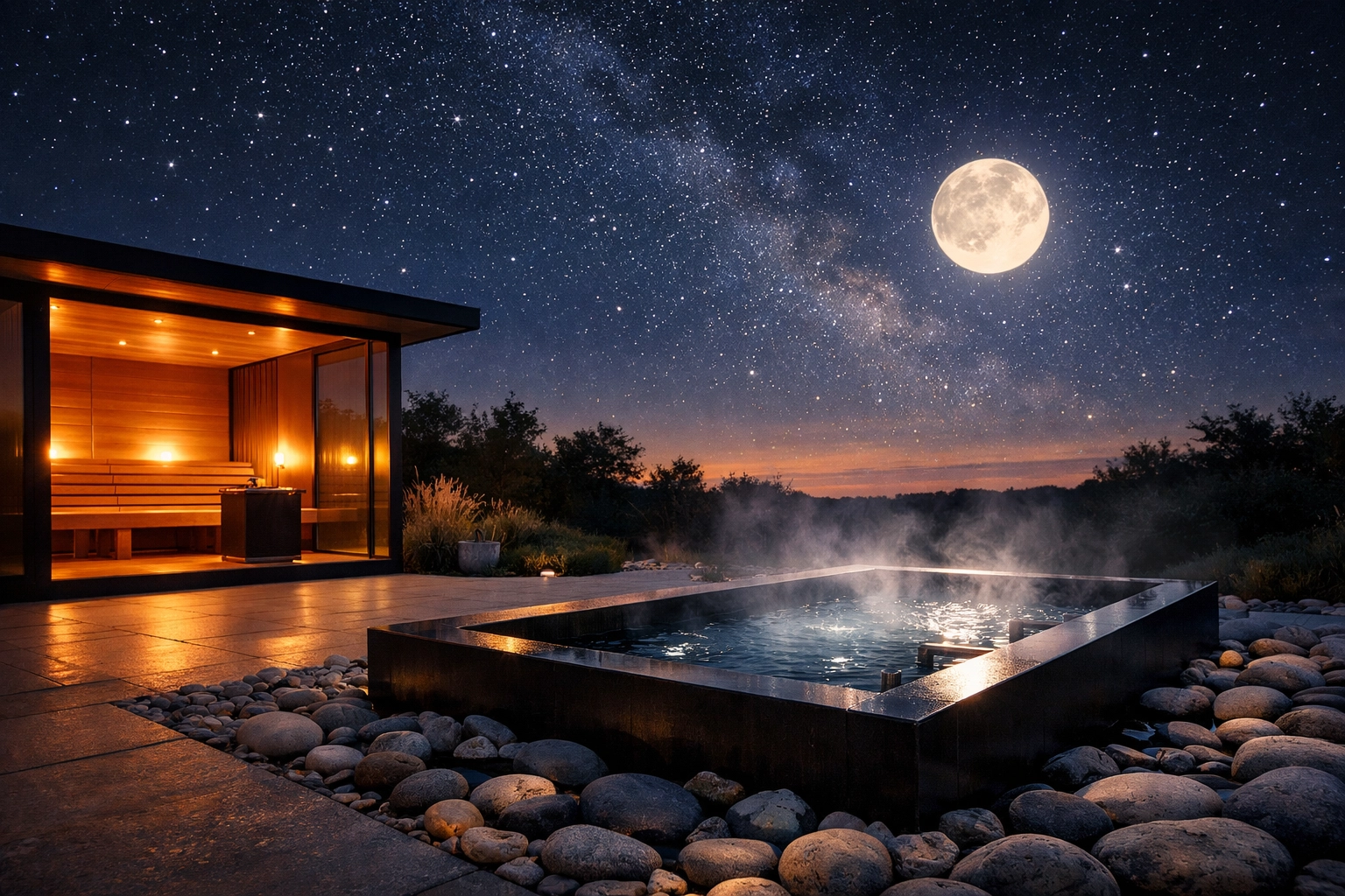 Outdoor wellness sanctuary featuring a sauna and cold plunge pool for hormetic stress and longevity recovery.