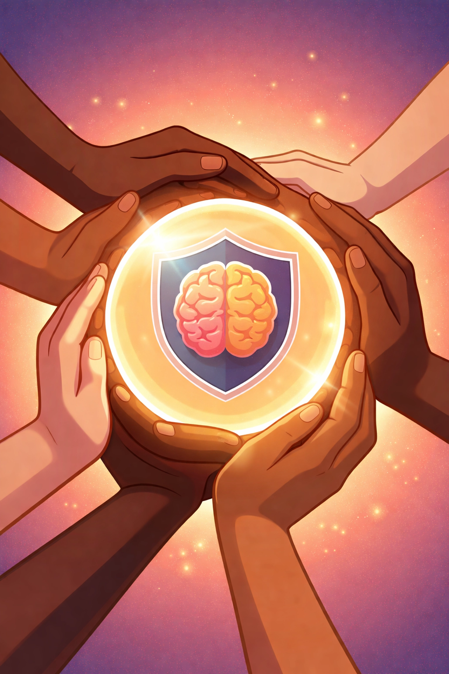 Diverse hands protecting a glowing brain orb, representing ethical safeguards and community support in mental health wearable technology.