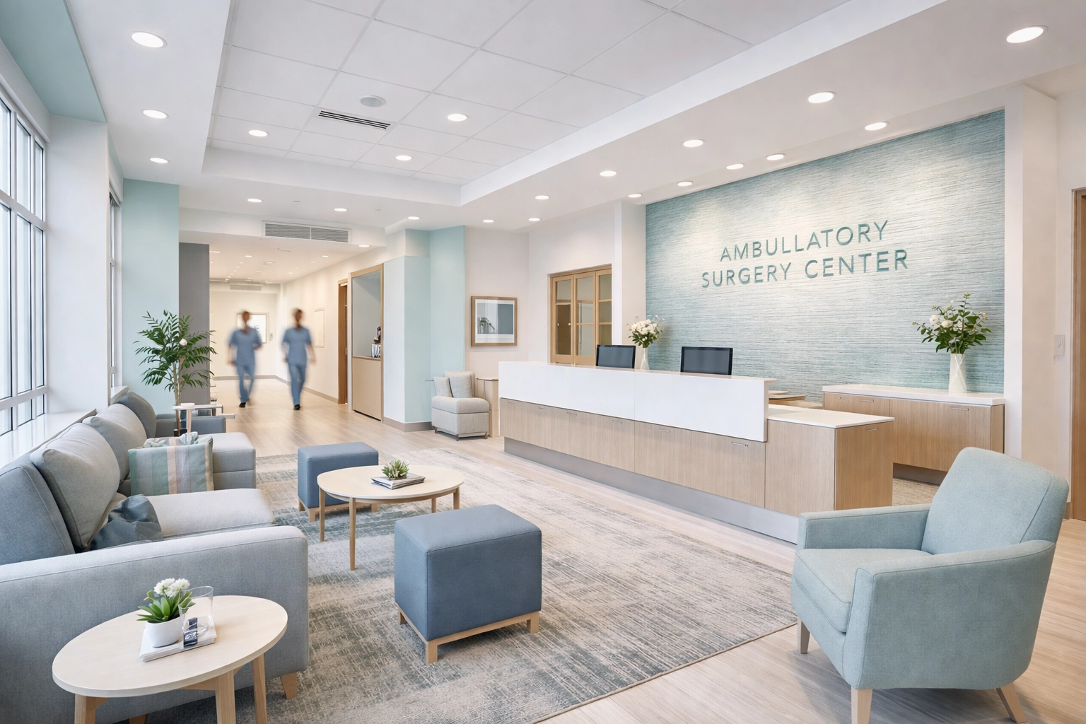Modern ambulatory surgery center lobby showcasing AAAHC accreditation standards and a welcoming environment.