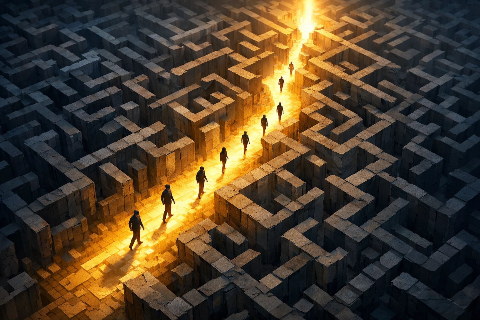 Illuminated path through complex maze showing divine guidance through uncertain times