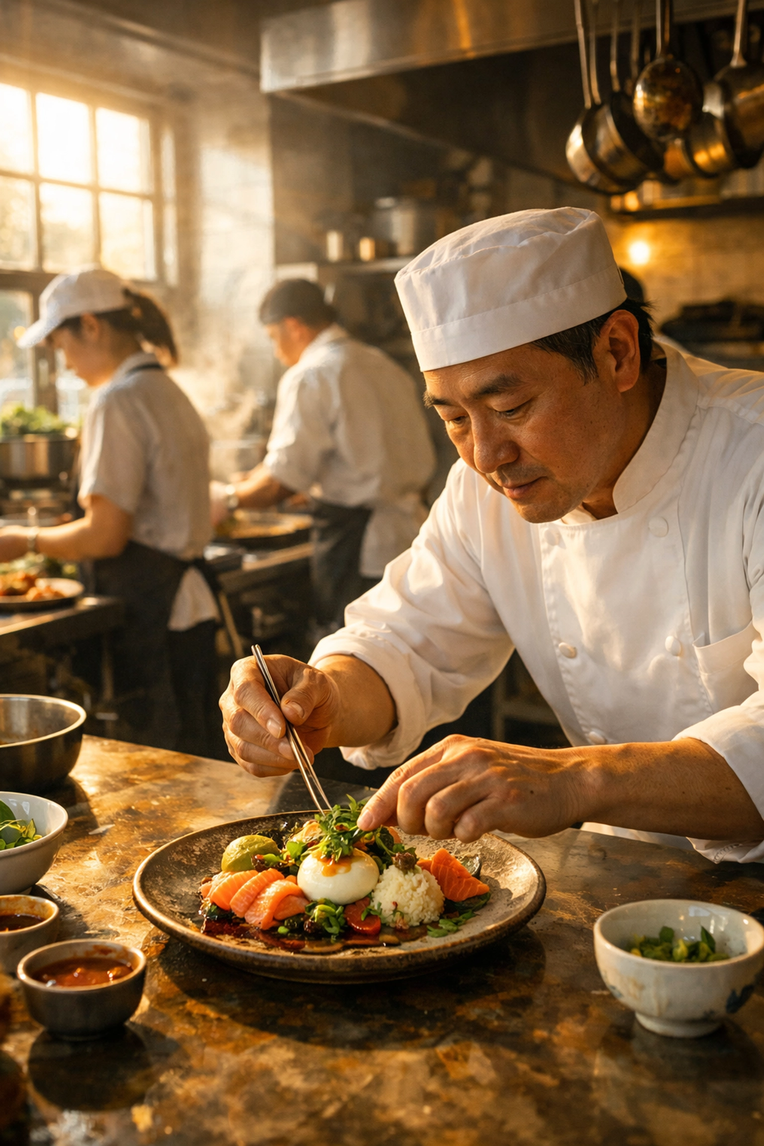 Chef plating Asian-inspired brunch dish in professional restaurant kitchen