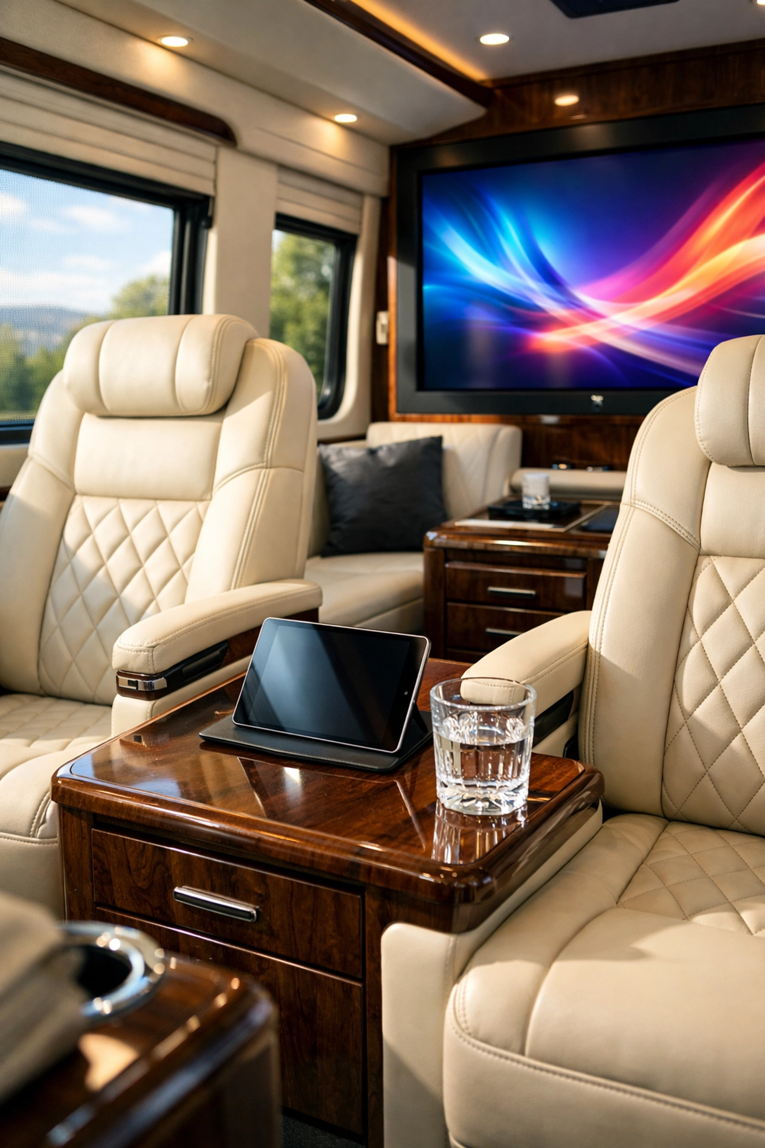 High-end executive sprinter van interior providing luxury corporate logistics for Super Bowl guests.