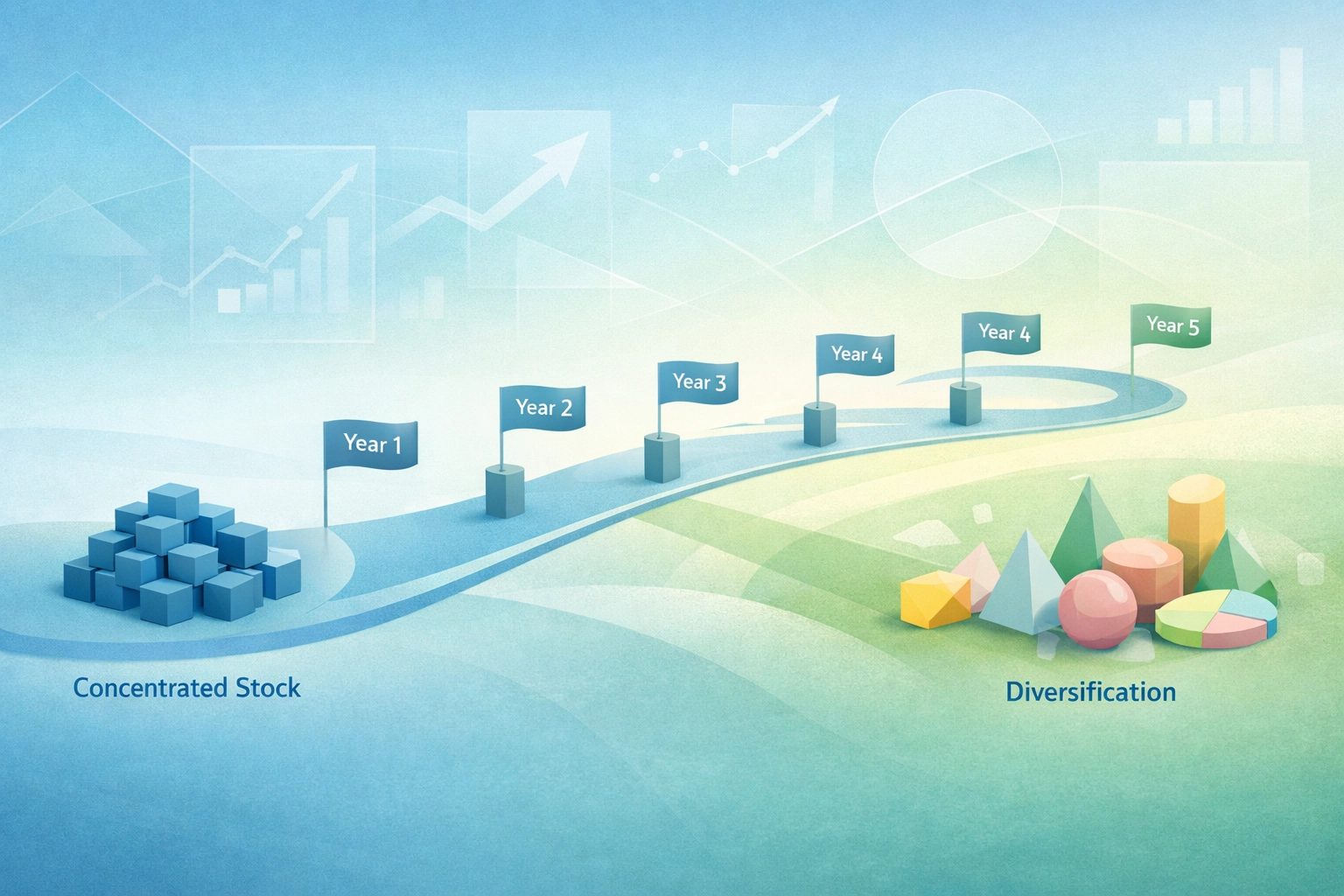 Investment diversification timeline showing transition from concentrated stock to balanced portfolio