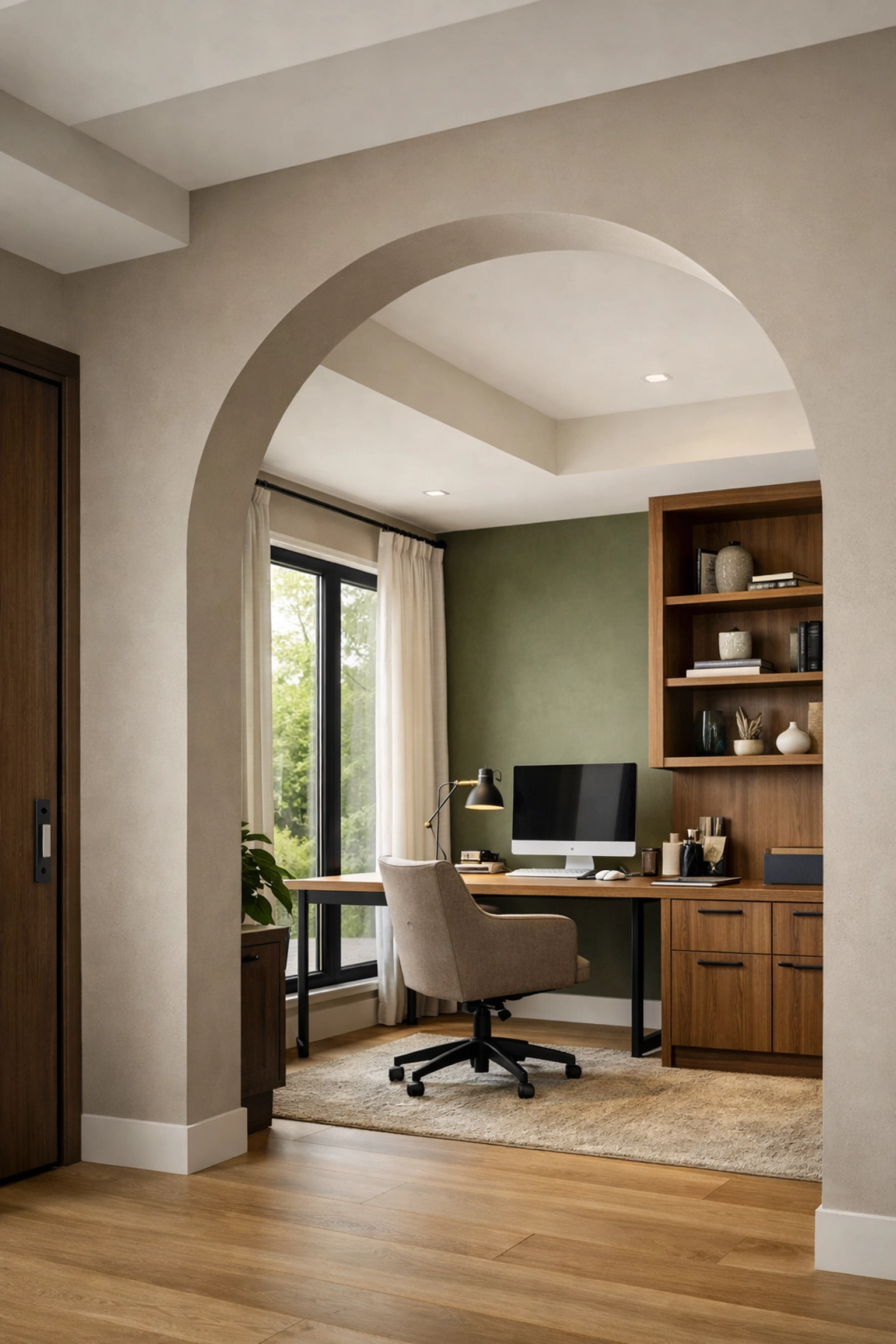 Contemporary home office with archway showing defined room design in Orlando home