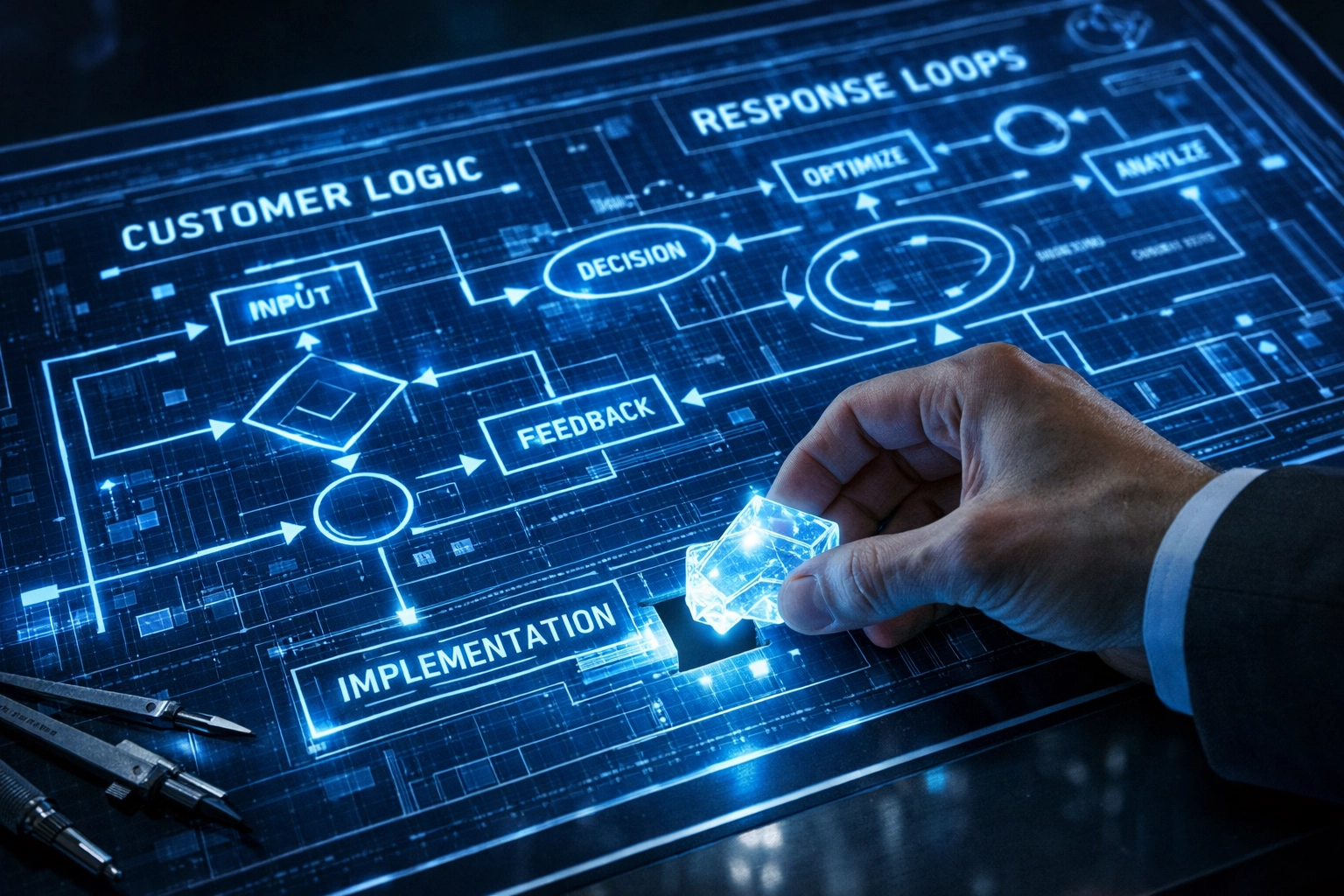 Hand placing a final piece on a digital blueprint for a scalable SaaS customer service support engine.