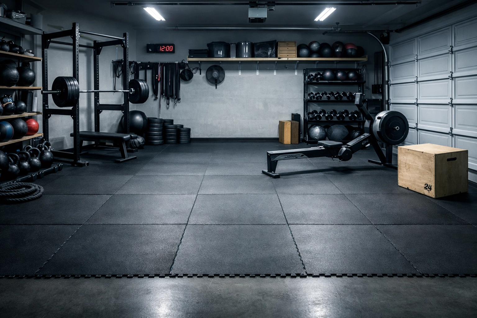 Versatile CrossFit home gym setup with rubber floor mats, a rowing machine, and a squat stand.