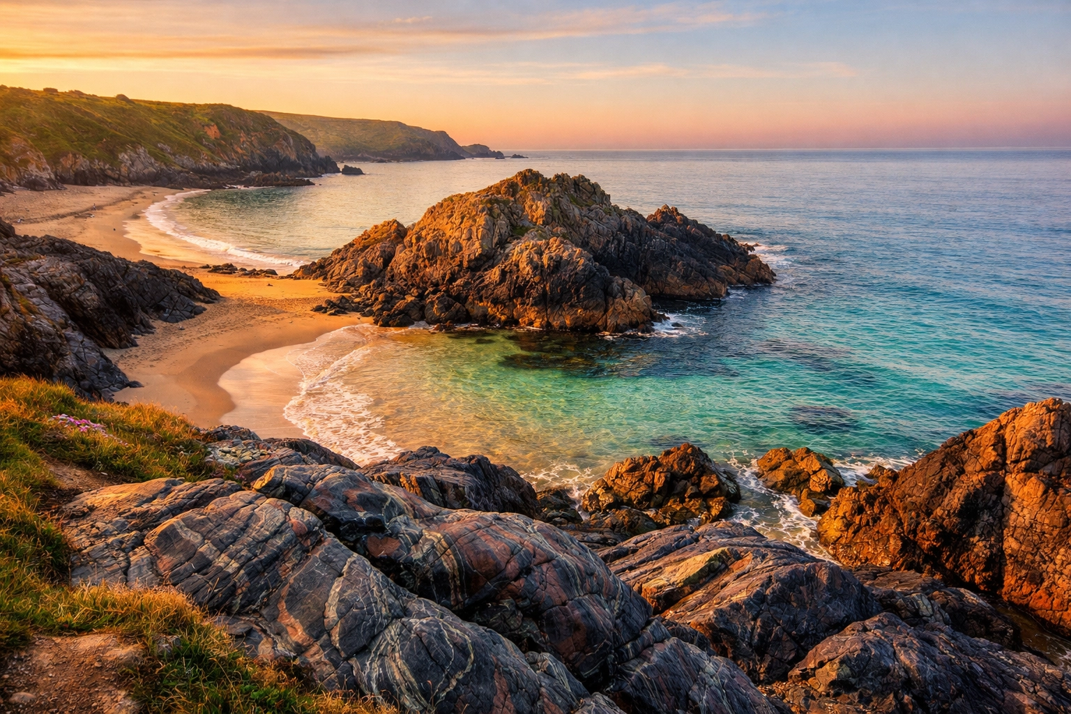 Serpentine rocks and golden sands at Kennack Sands on the Lizard Peninsula, a serene spot for scattering ashes.