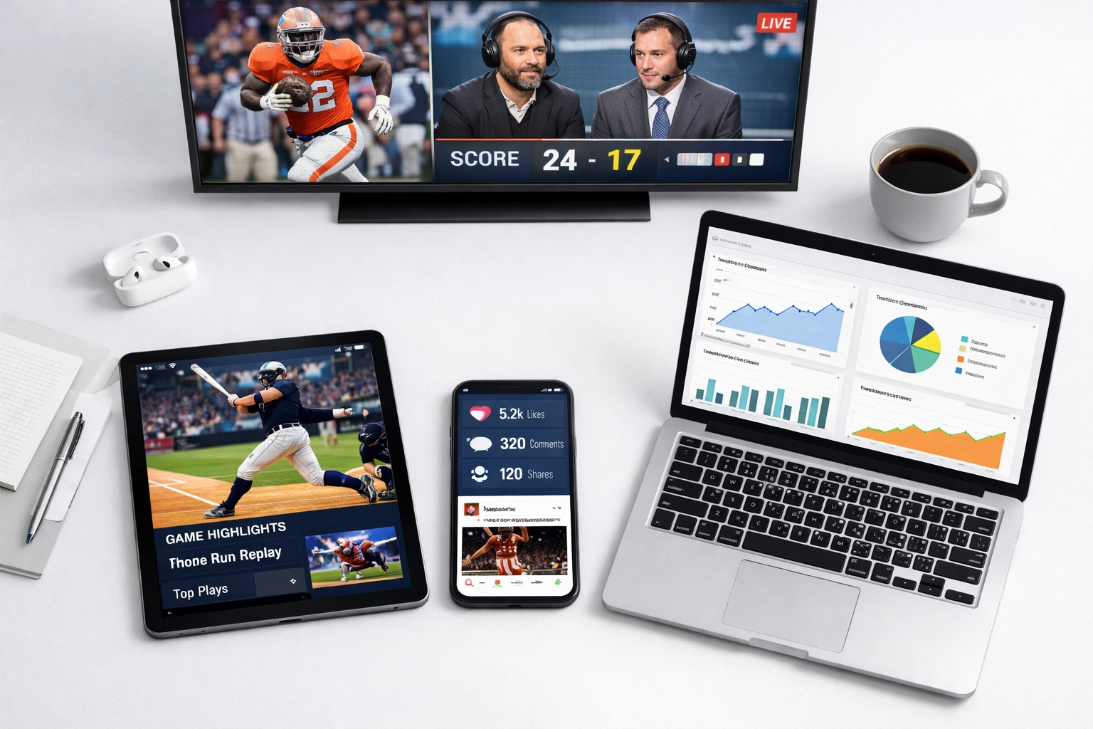 Multi-screen workspace showing sports content across tablet, phone, laptop, and TV for integrated campaigns