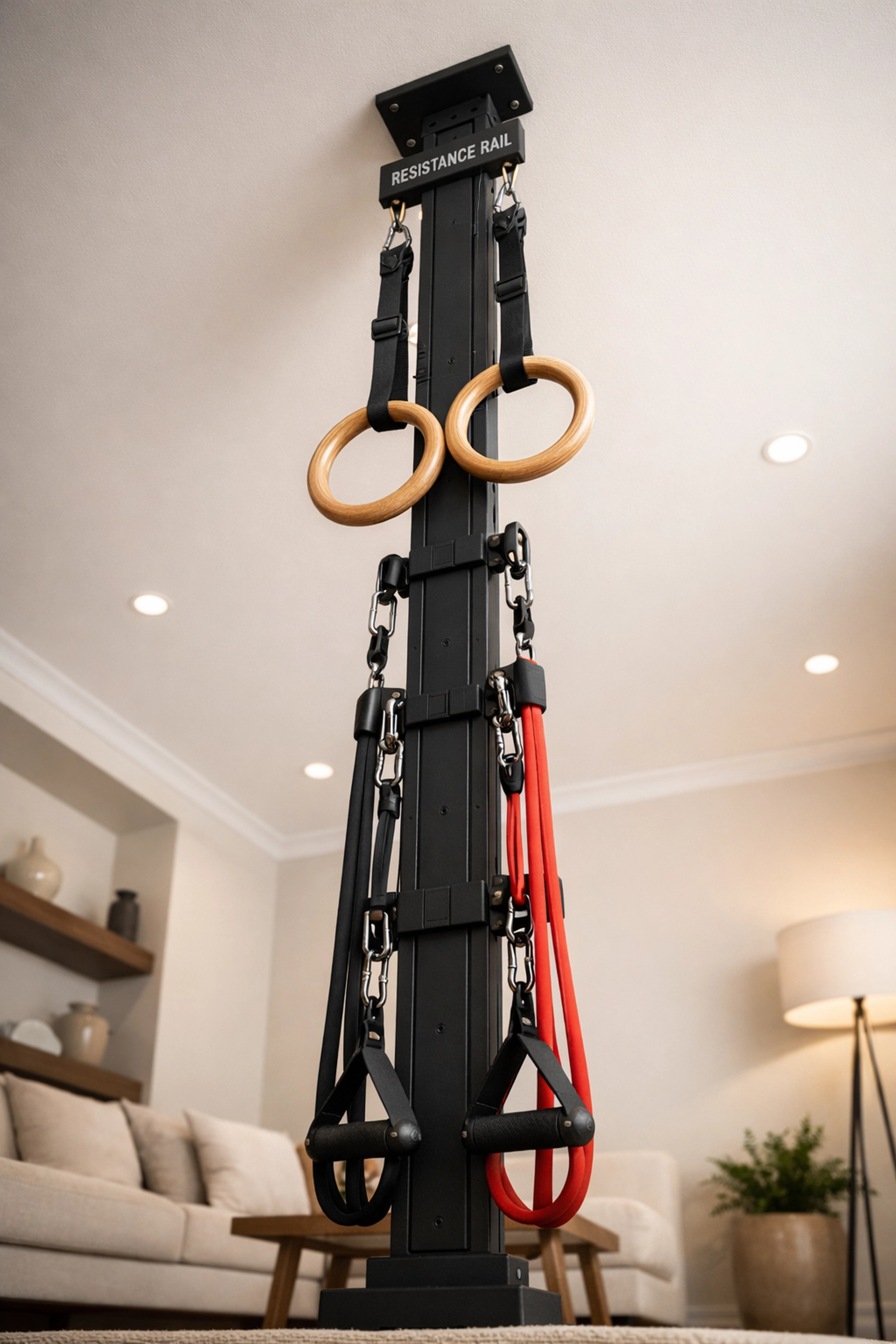 Versatile floor to ceiling gym system with rings and resistance bands for home calisthenics workouts.