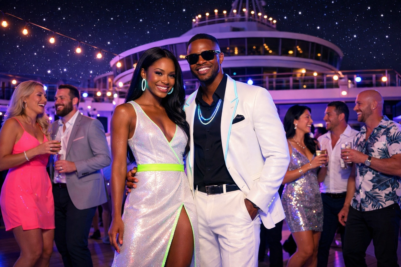 Adults enjoying a themed glow party on a lifestyle cruise ship deck, perfect for adults only travel.