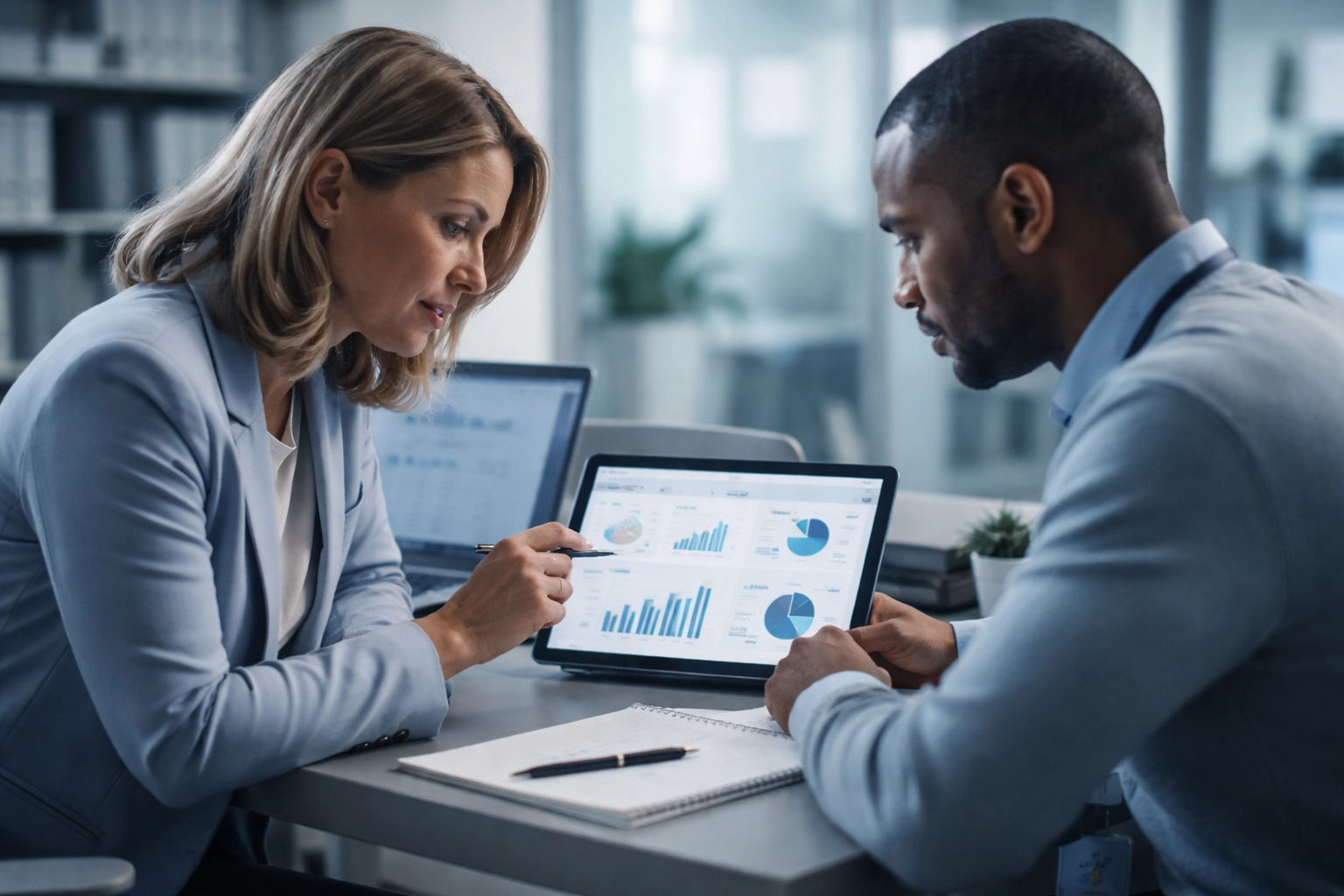 Cinematic still frame of a behavioral health team reviewing measurement-based care dashboards as part of behavioral health provider enrollment documentation in a modern clinic.