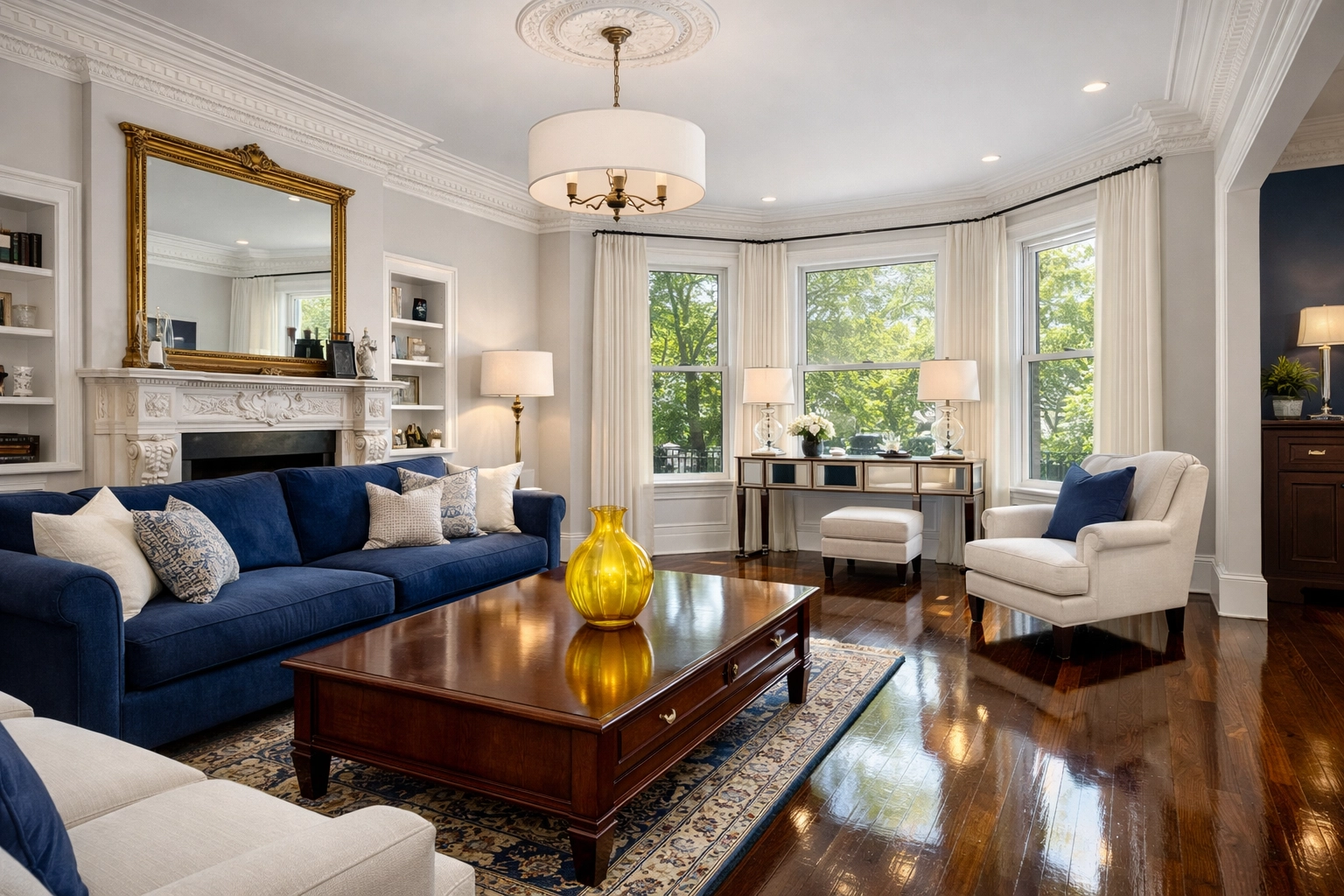 Spotless Victorian living room in Harvard Square after a professional maid service Cambridge visit.