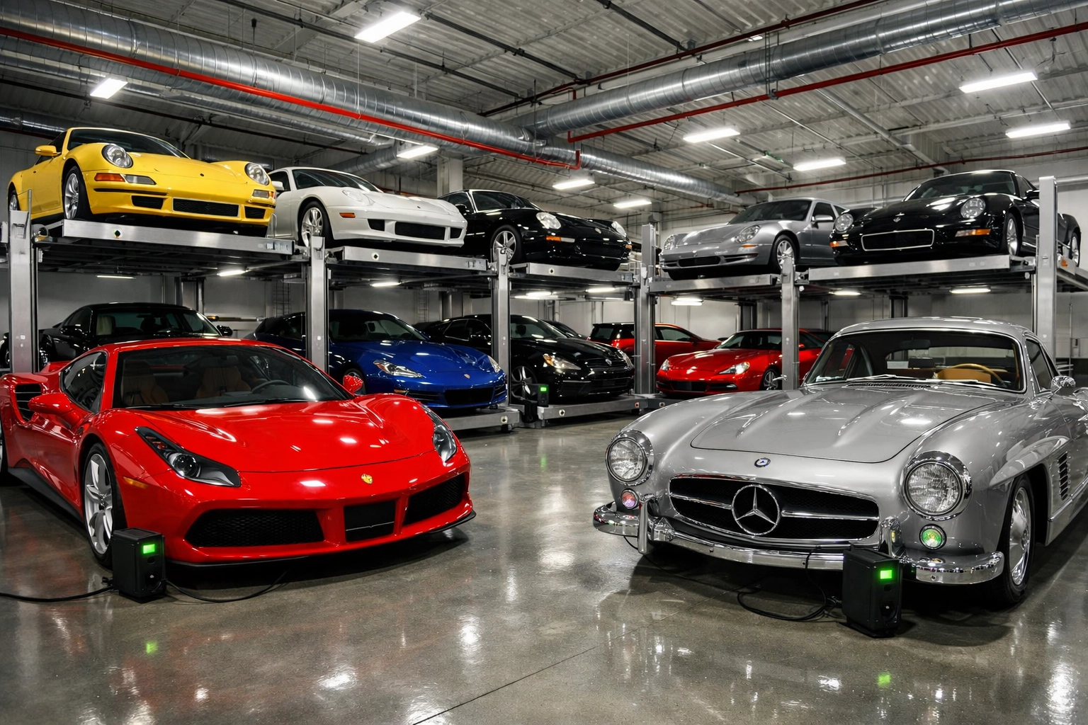 Luxury car garages in Hartford area with stacked collector car storage and battery maintenance.