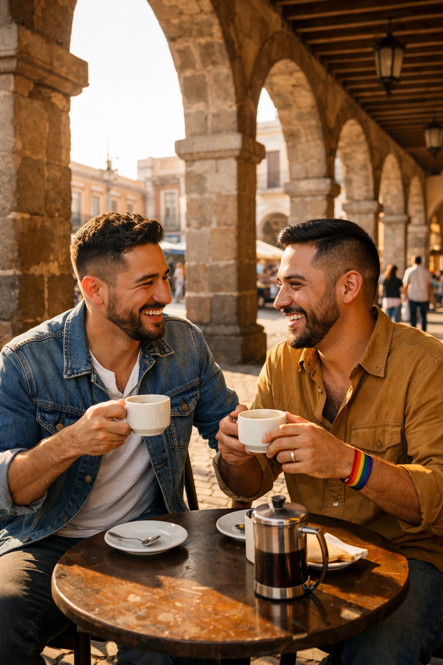 Gay couple sharing coffee under Los Portales arcades in Toluca's historic plaza