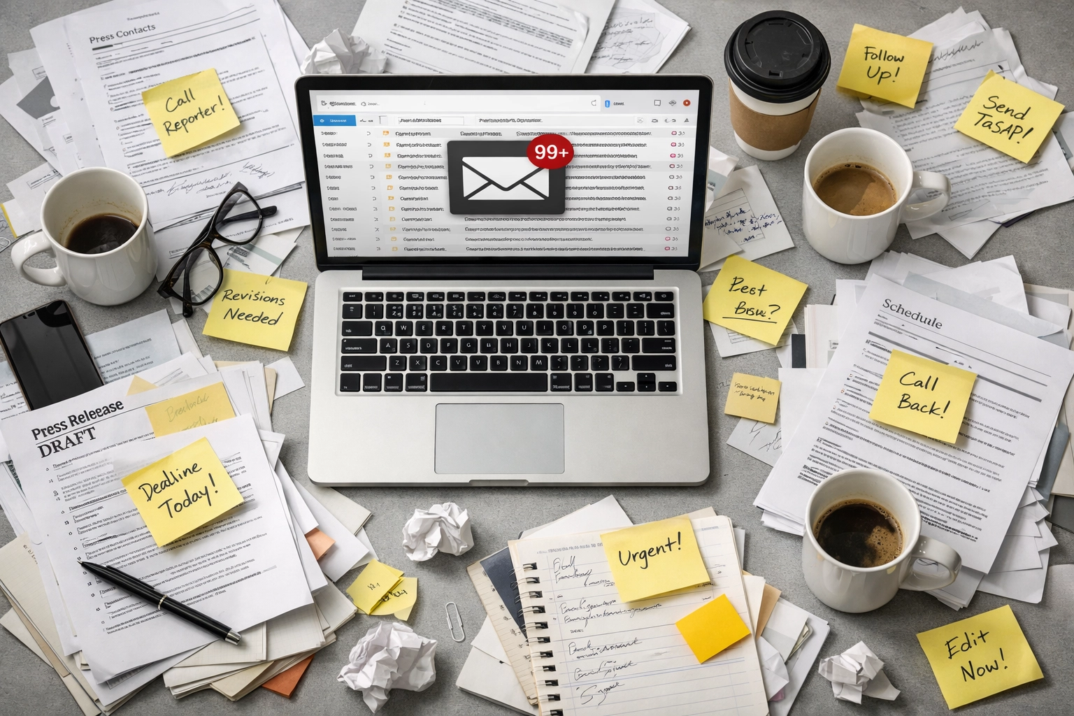 Cluttered office desk showing manual press release management chaos and inefficiency
