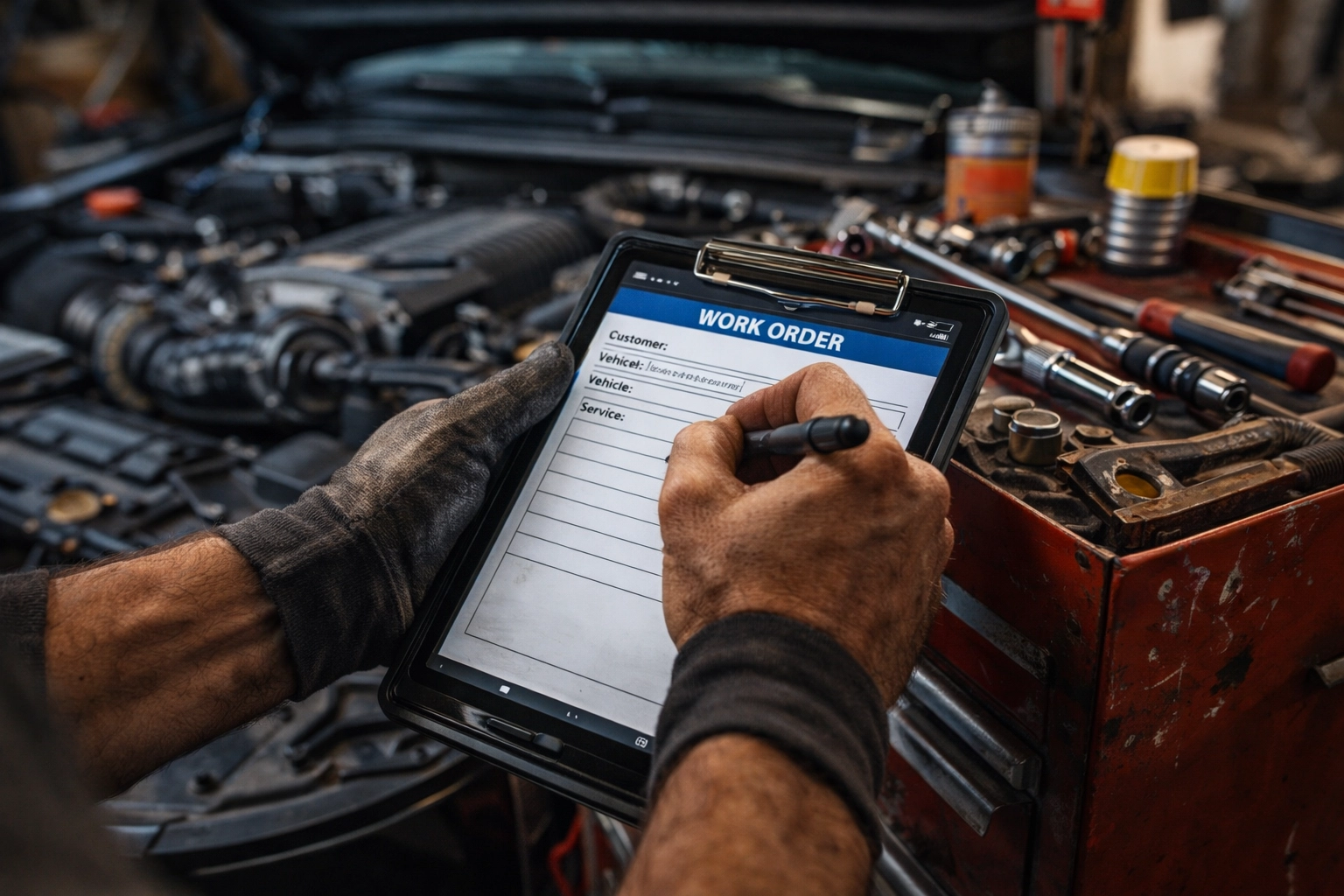 Hands updating a work order on a clipboard/tablet beside an engine bay and toolbox—no faces visible