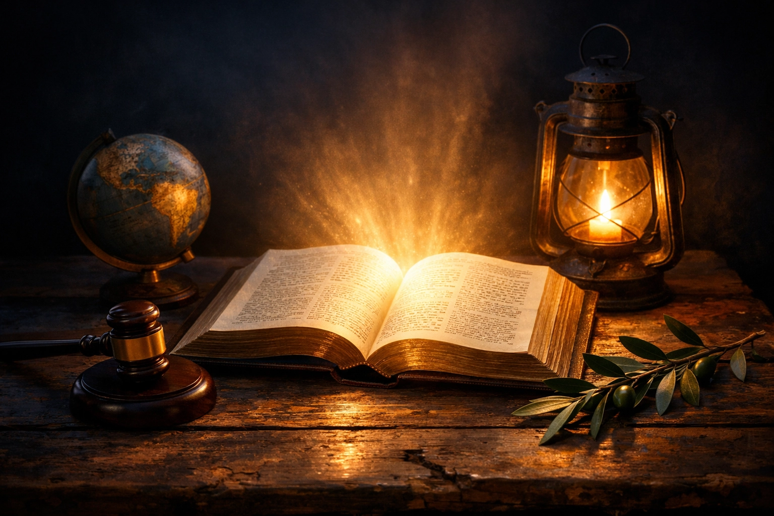 Open Bible with symbols of justice and peace illuminated by warm light