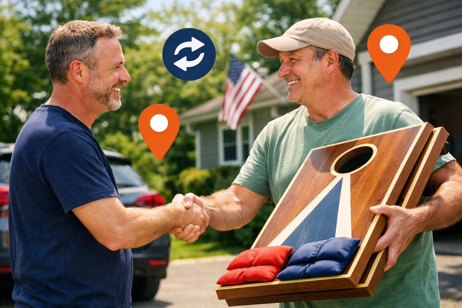 Neighbors in Burlington sharing rented cornhole boards in a driveway for a local event.