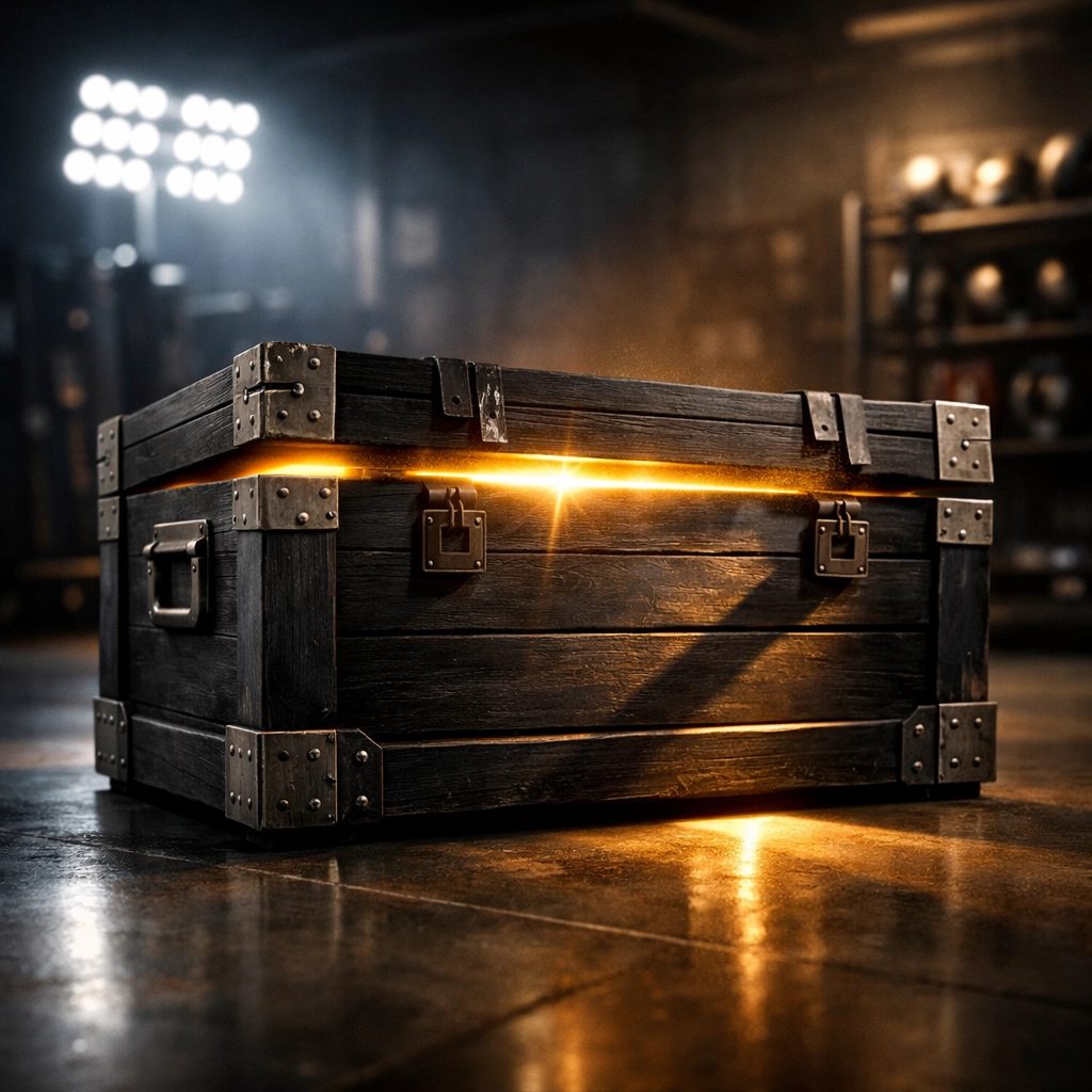 Premium Collector's Crate sports mystery box glowing in an industrial warehouse setting.