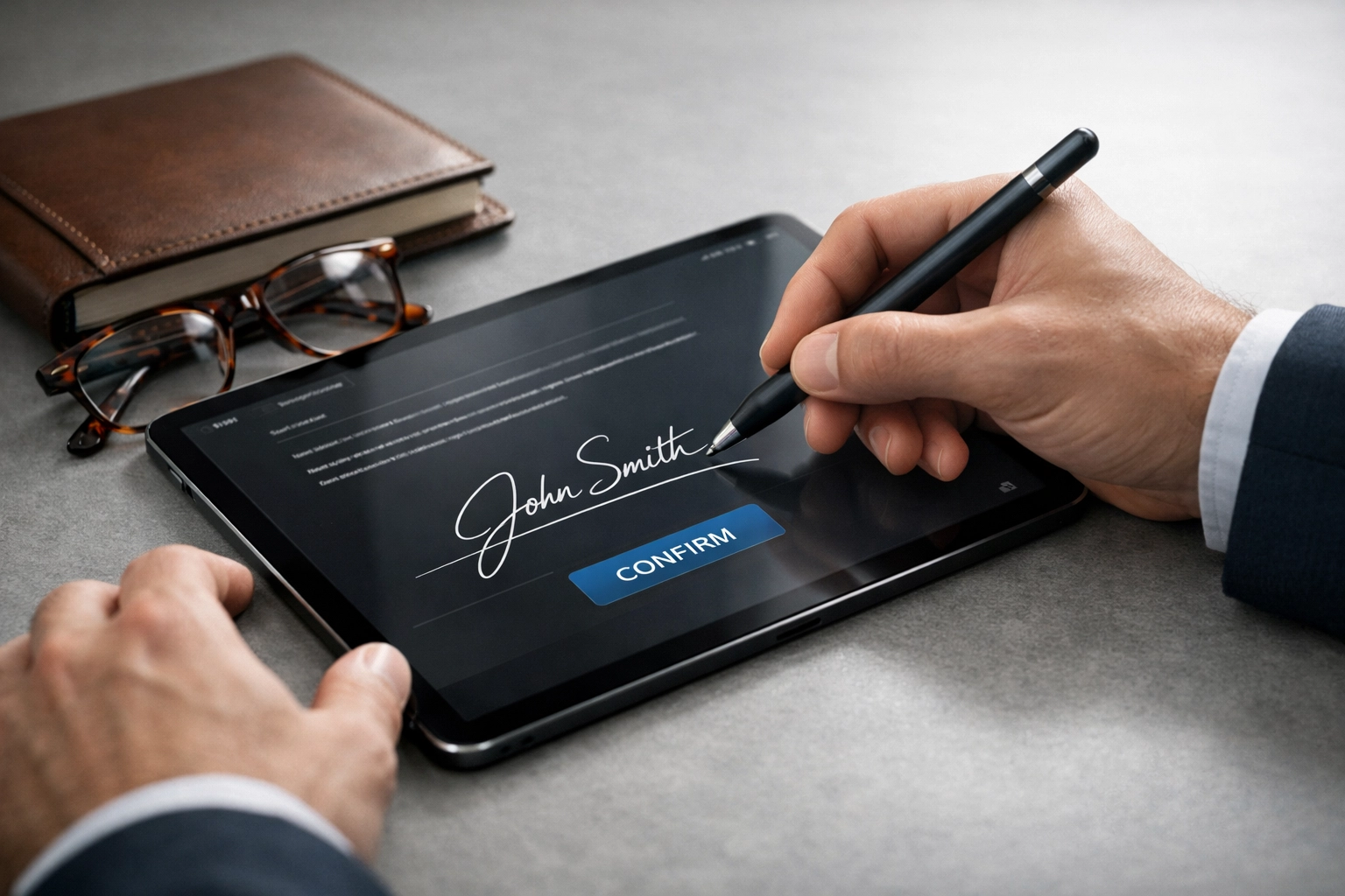 Tax professional using a tablet and stylus for secure digital signing of IRS Form 8879 during the review process.