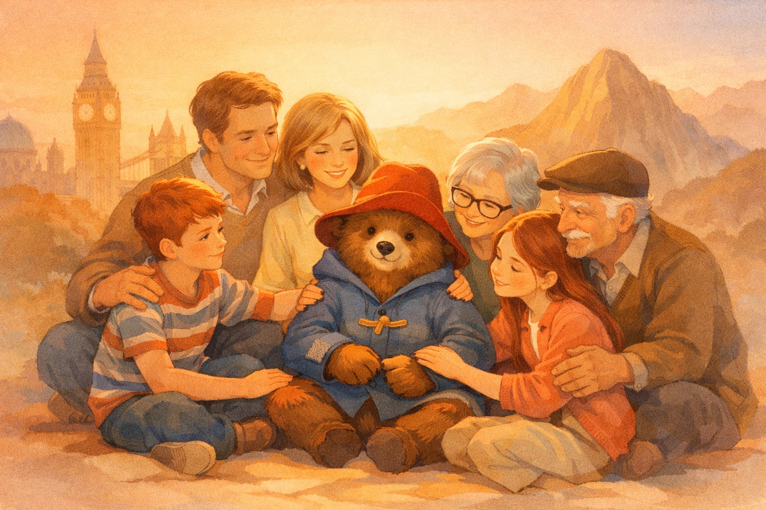 Brown family embracing Paddington showing Christian values of sacrifice and togetherness