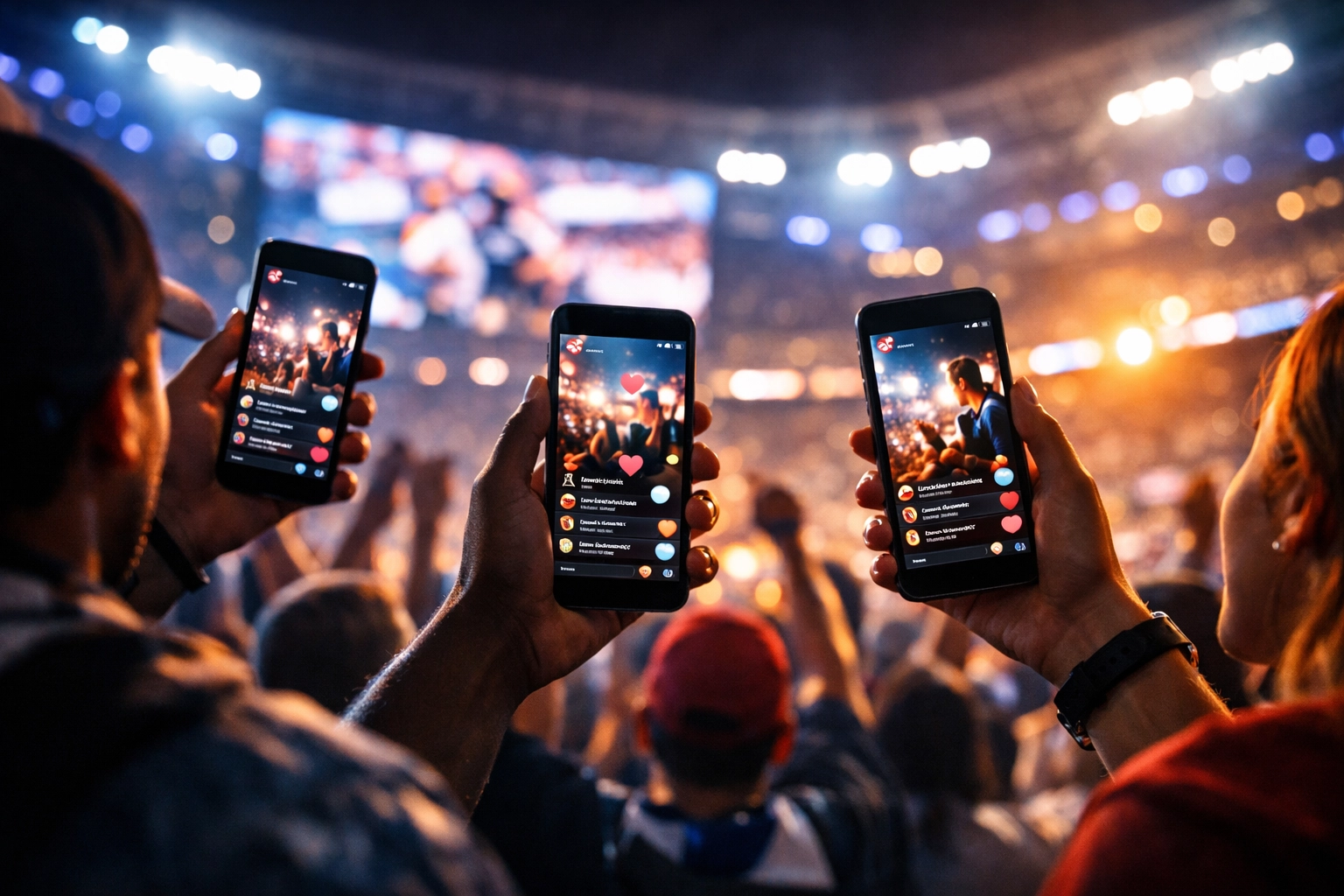 Sports fans engaging with high-velocity social media content on smartphones during the Super Bowl Blitz.