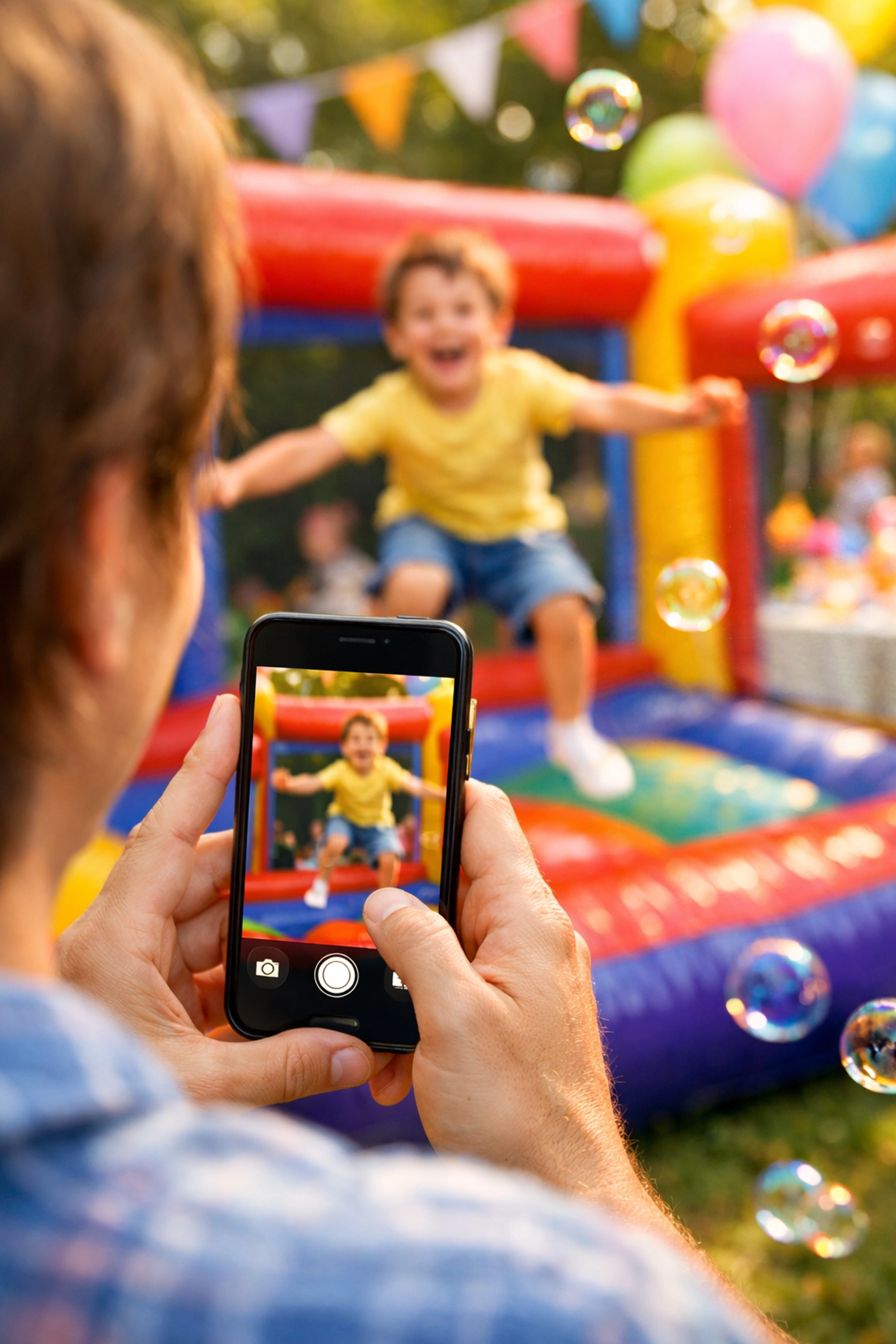 Sharing a photo of a happy child jumping in a bounce house on a smartphone.
