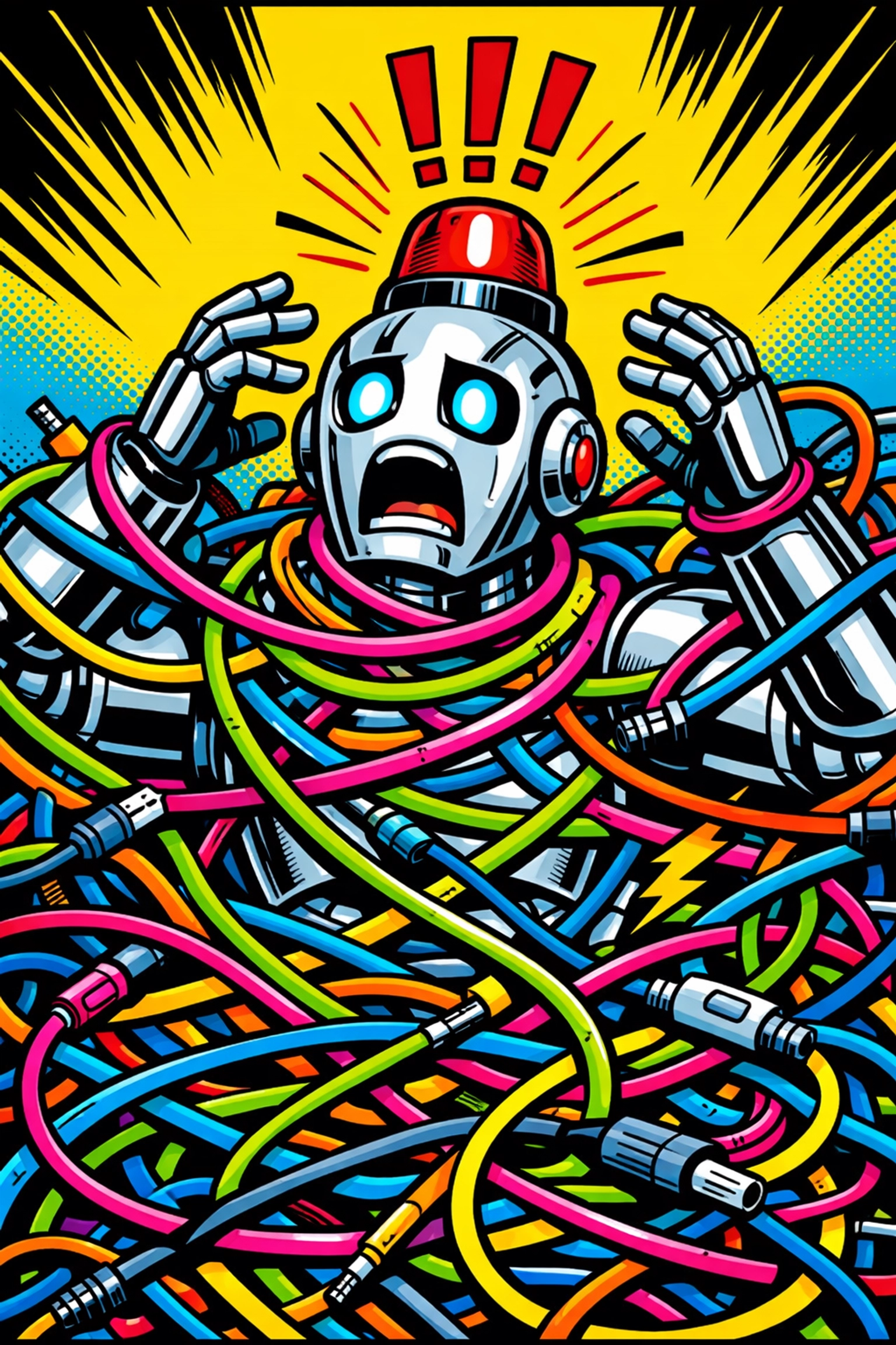 A panicked robot tangled in wires, showing why AI business automation needs human oversight.