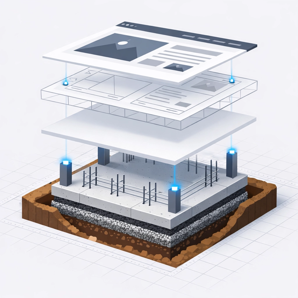 A minimalist illustration of a digital foundation representing the technical SEO structure of a website.