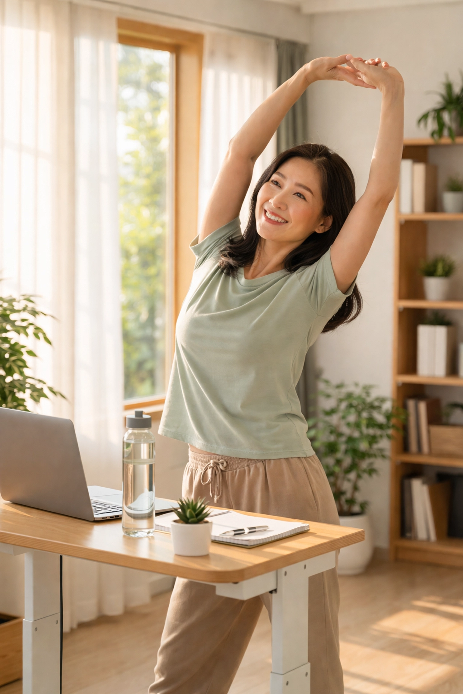 Woman stretching at standing desk to boost afternoon alertness and optimize workplace energy