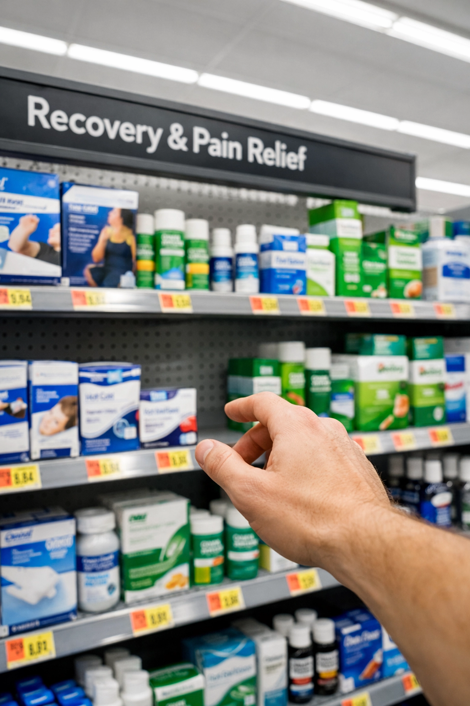 Shopper searching Walmart recovery aisle for Clayer natural sports recovery products