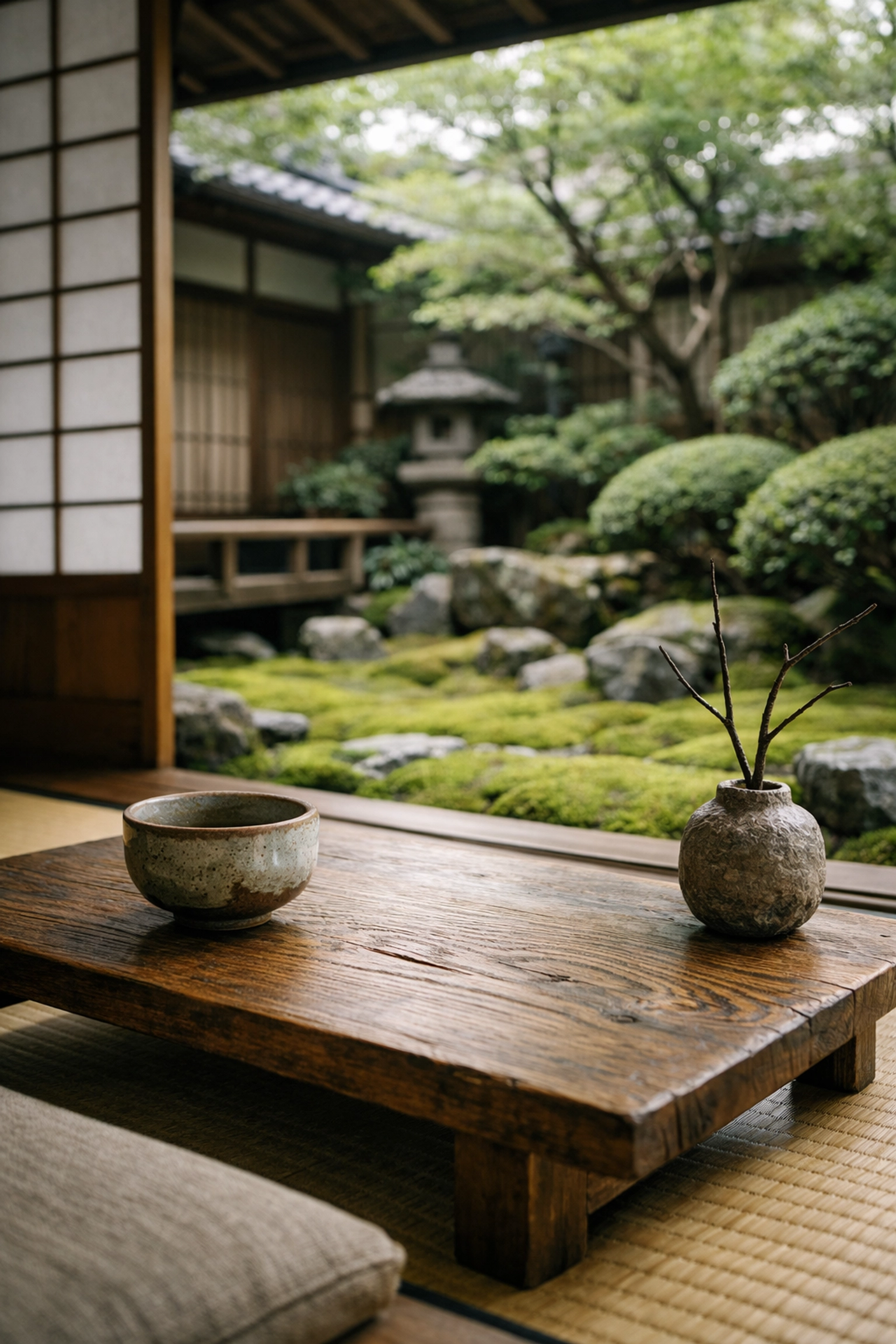 Traditional Japanese ryokan balcony with a tea set overlooking a tranquil moss garden in Kyoto.